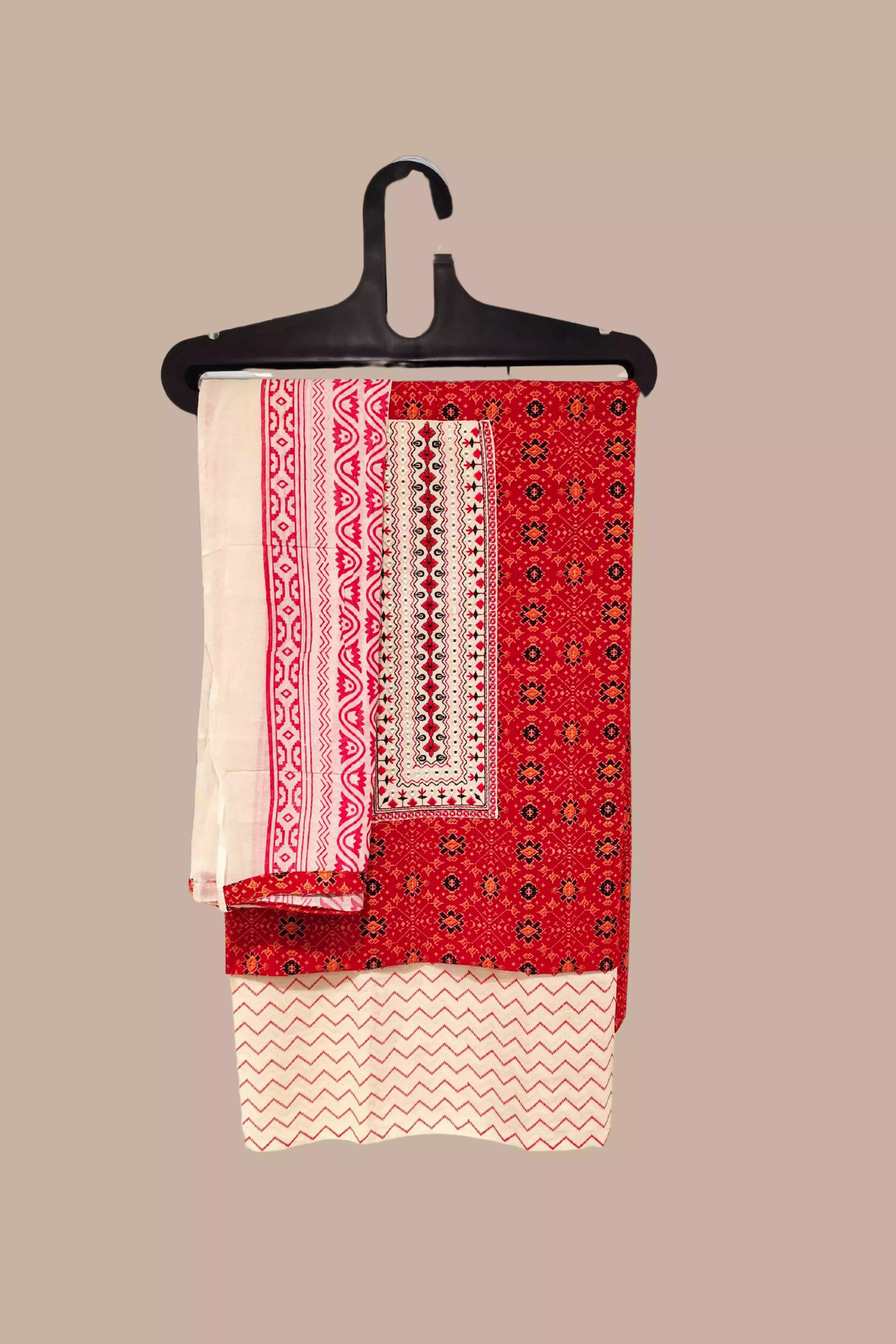 Red Printed Cotton Dress Material