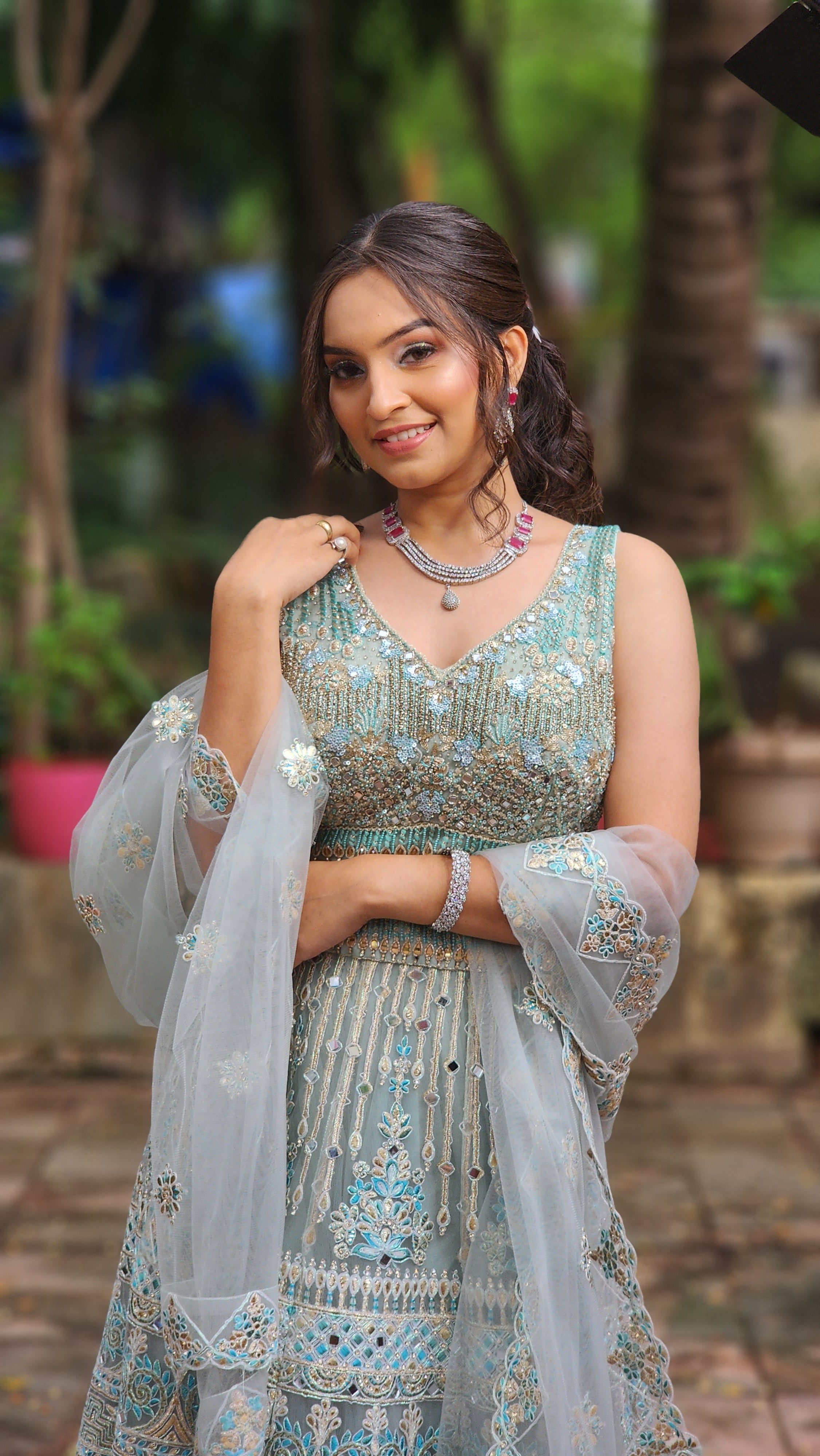 Light Pista Soft Net Gharara Choli with Pure Hand Work