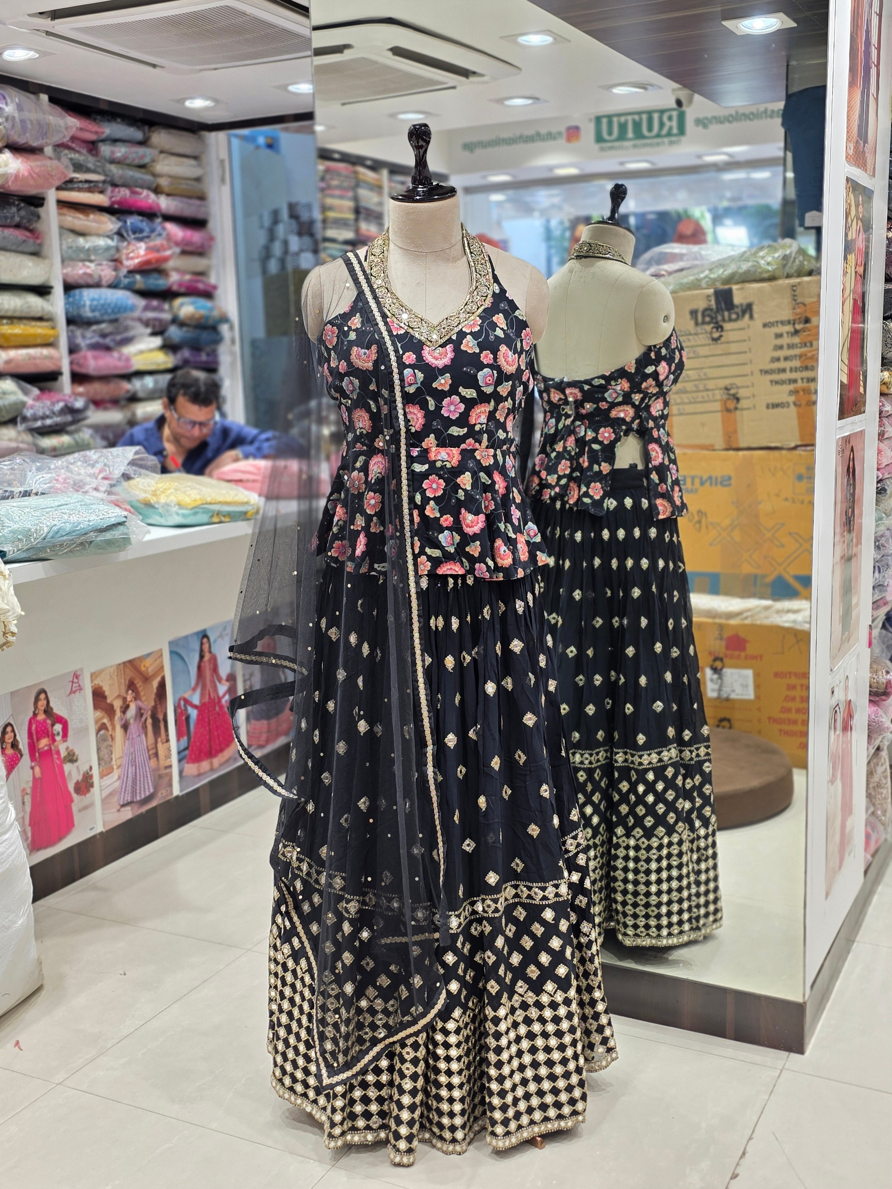 Black Floral Printed Lehenga Set