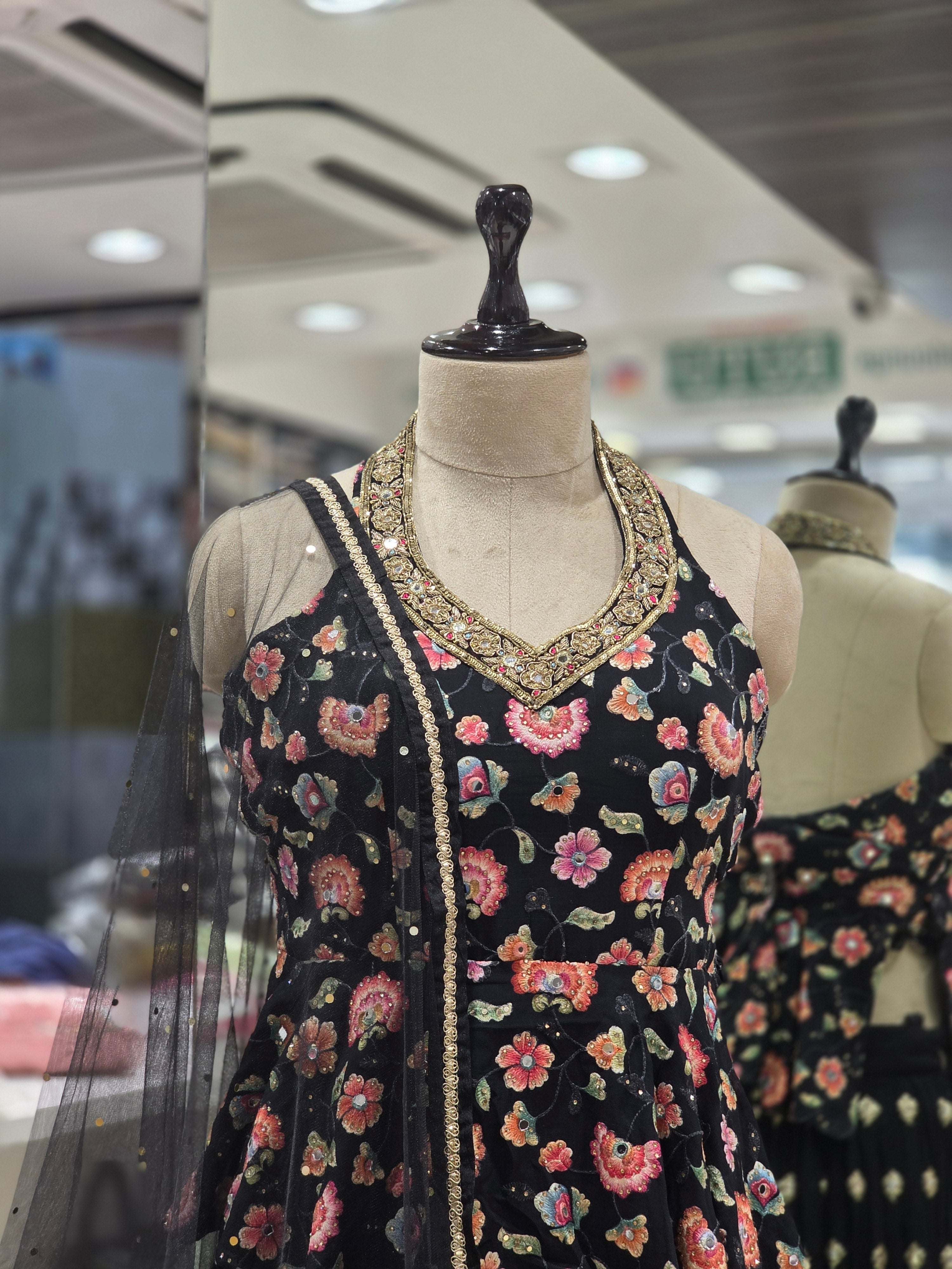 Black Floral Printed Lehenga Set