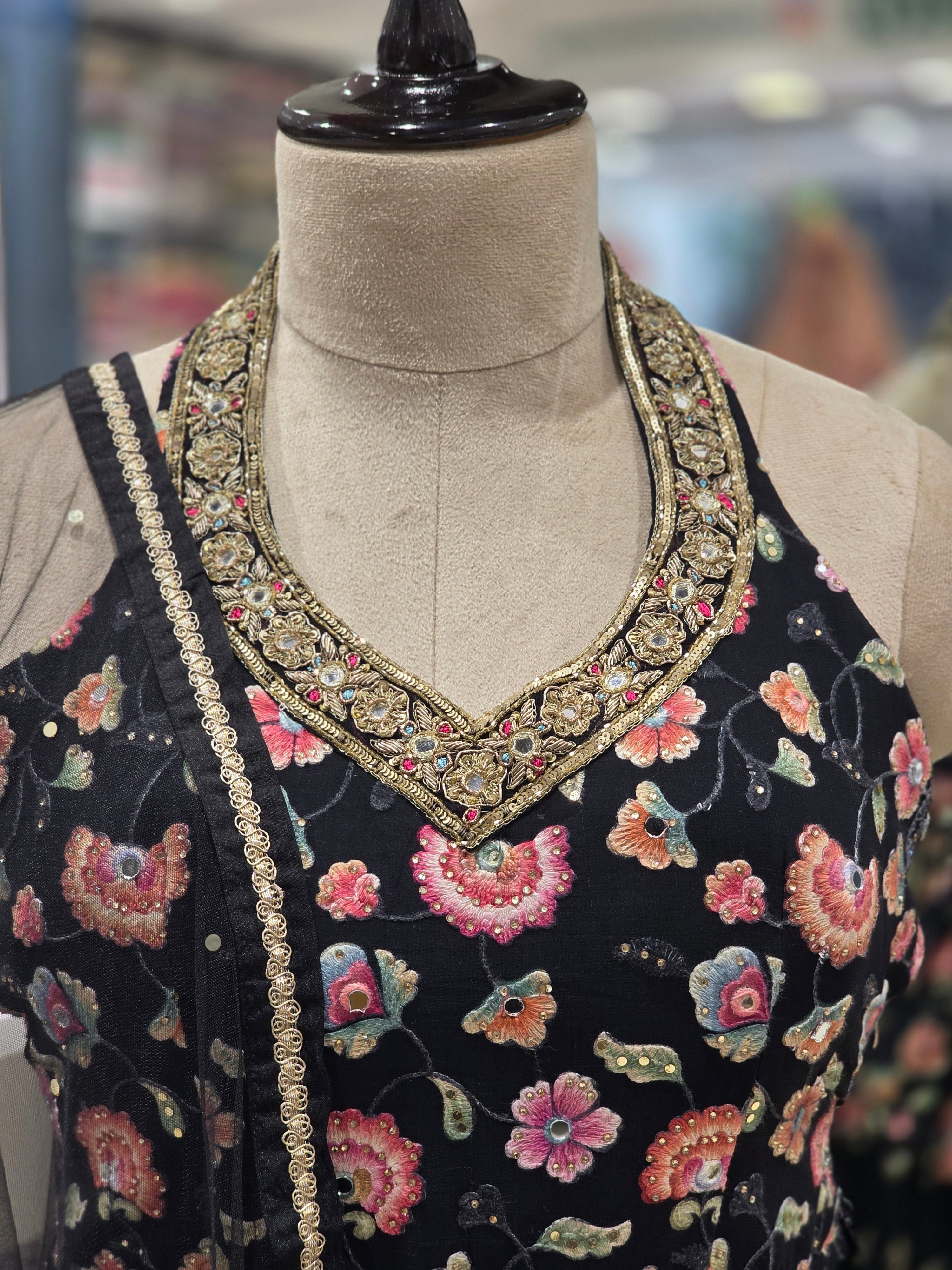 Black Floral Printed Lehenga Set