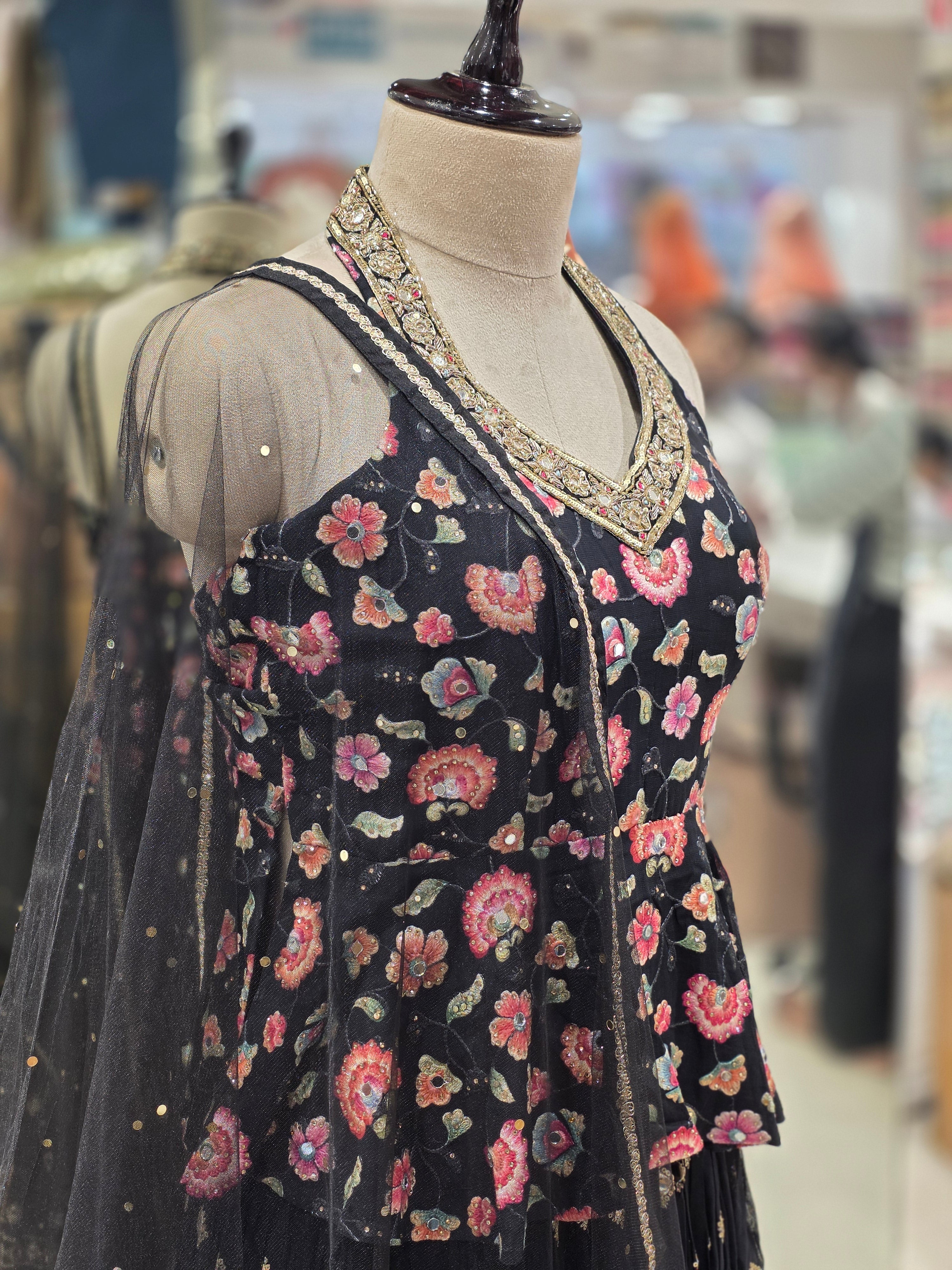 Black Floral Printed Lehenga Set