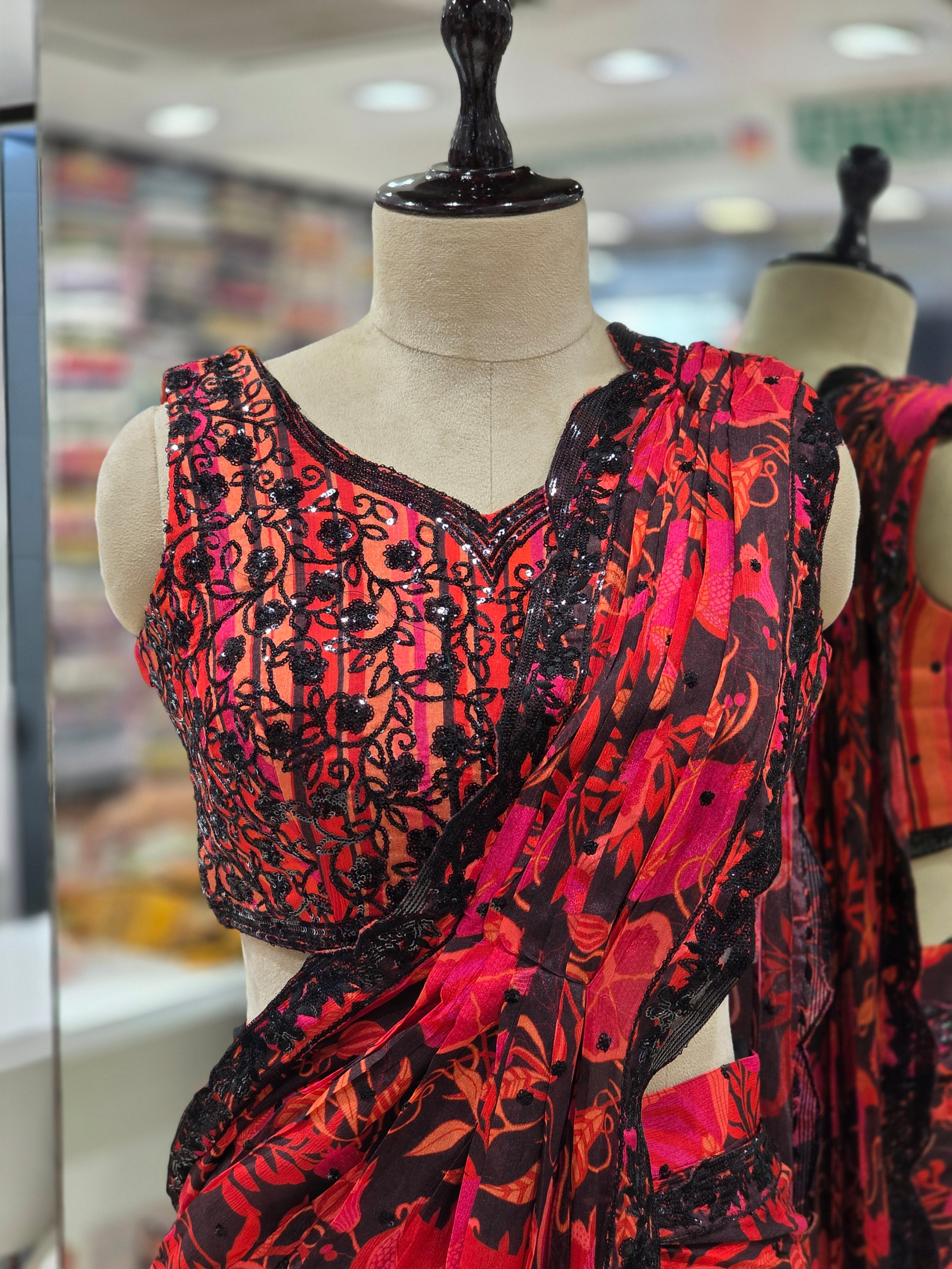 Red Floral Printed Saree with Designer Blouse