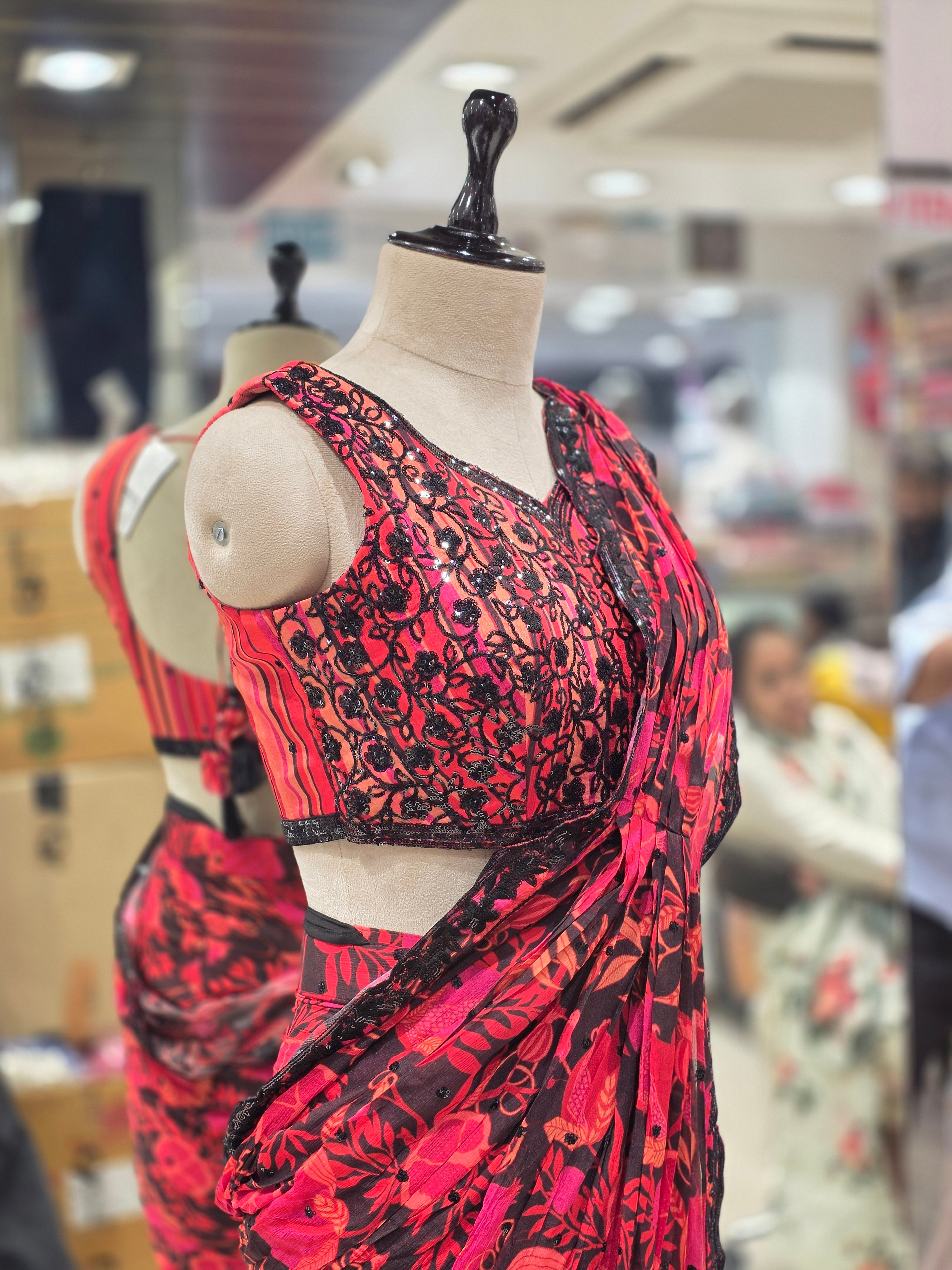 Red Floral Printed Saree with Designer Blouse