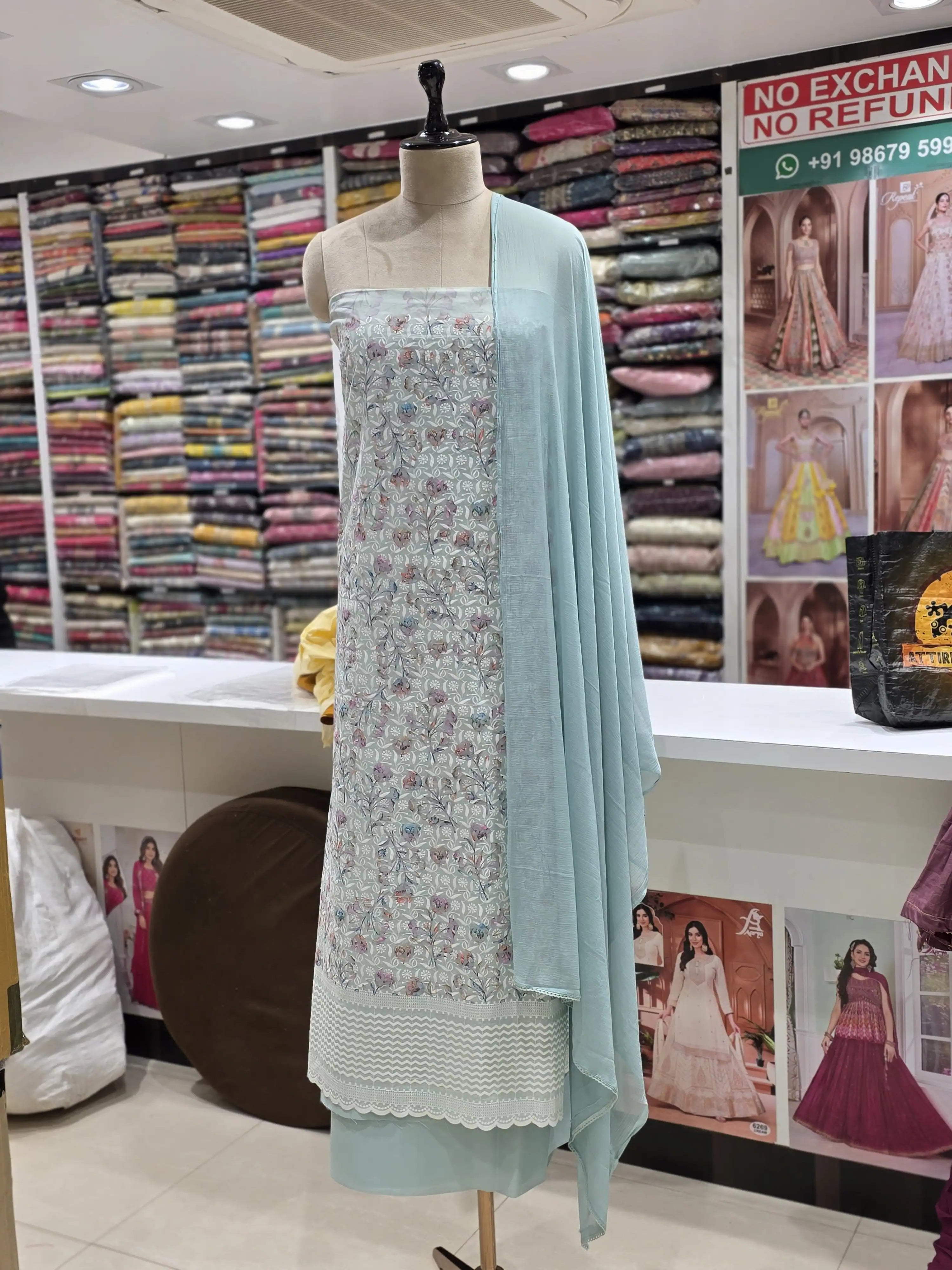 Pista   Printed Cotton Dress Material with Work Dupatta