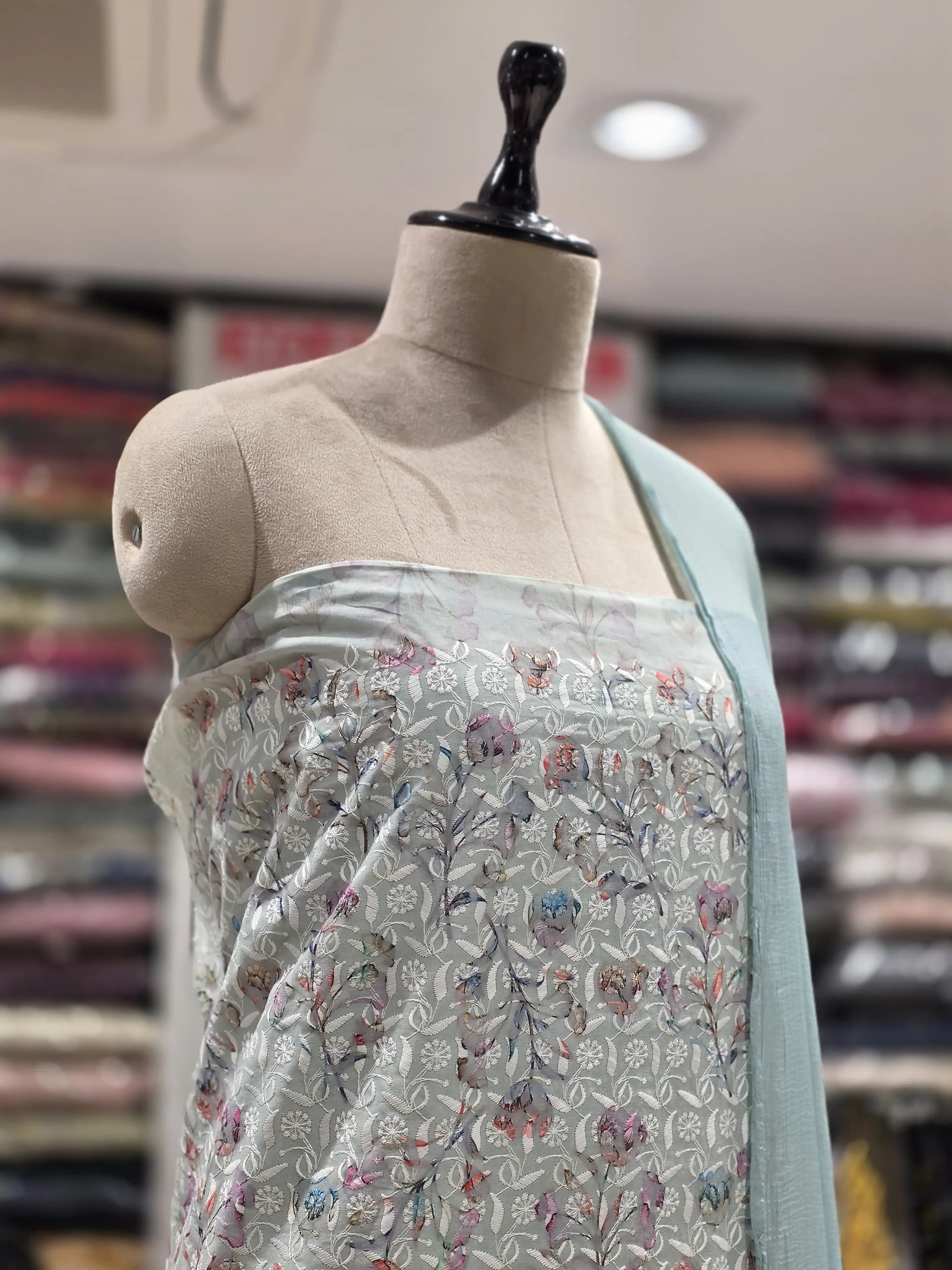 Pista   Printed Cotton Dress Material with Work Dupatta