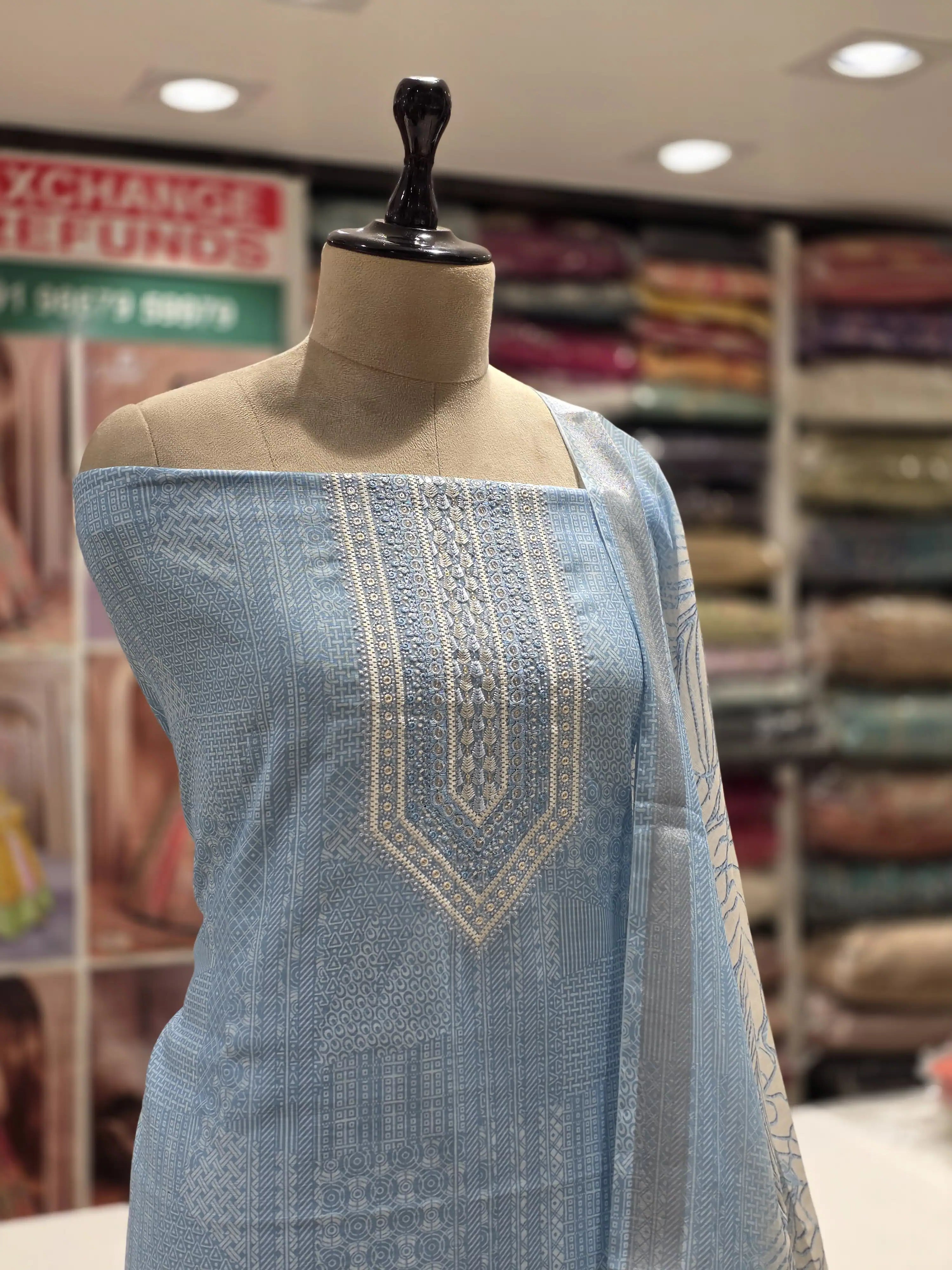 Sky blue  Printed Cotton Dress Material with Work Dupatta