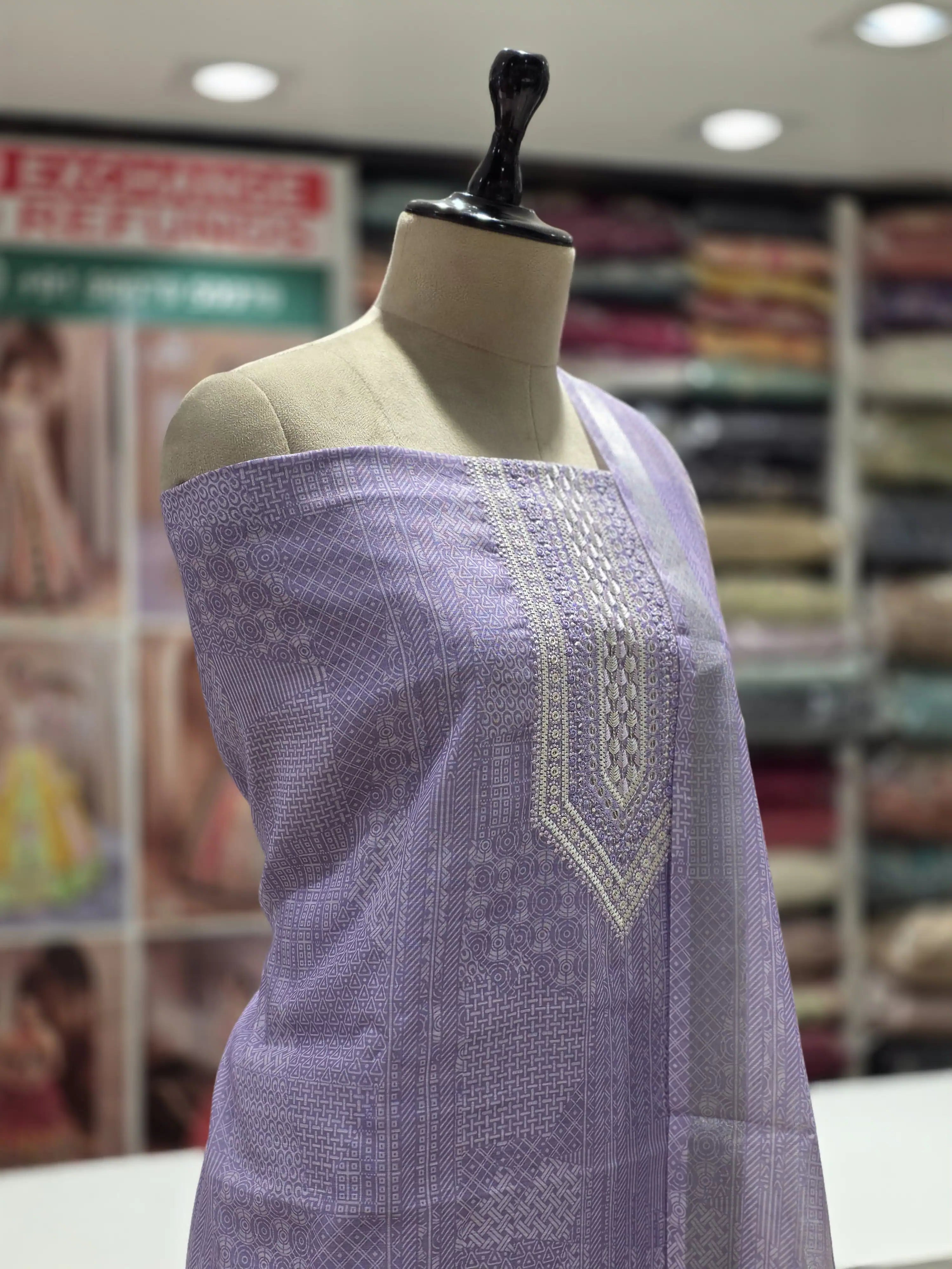 Lavender  Printed Cotton Dress Material with Work Dupatta