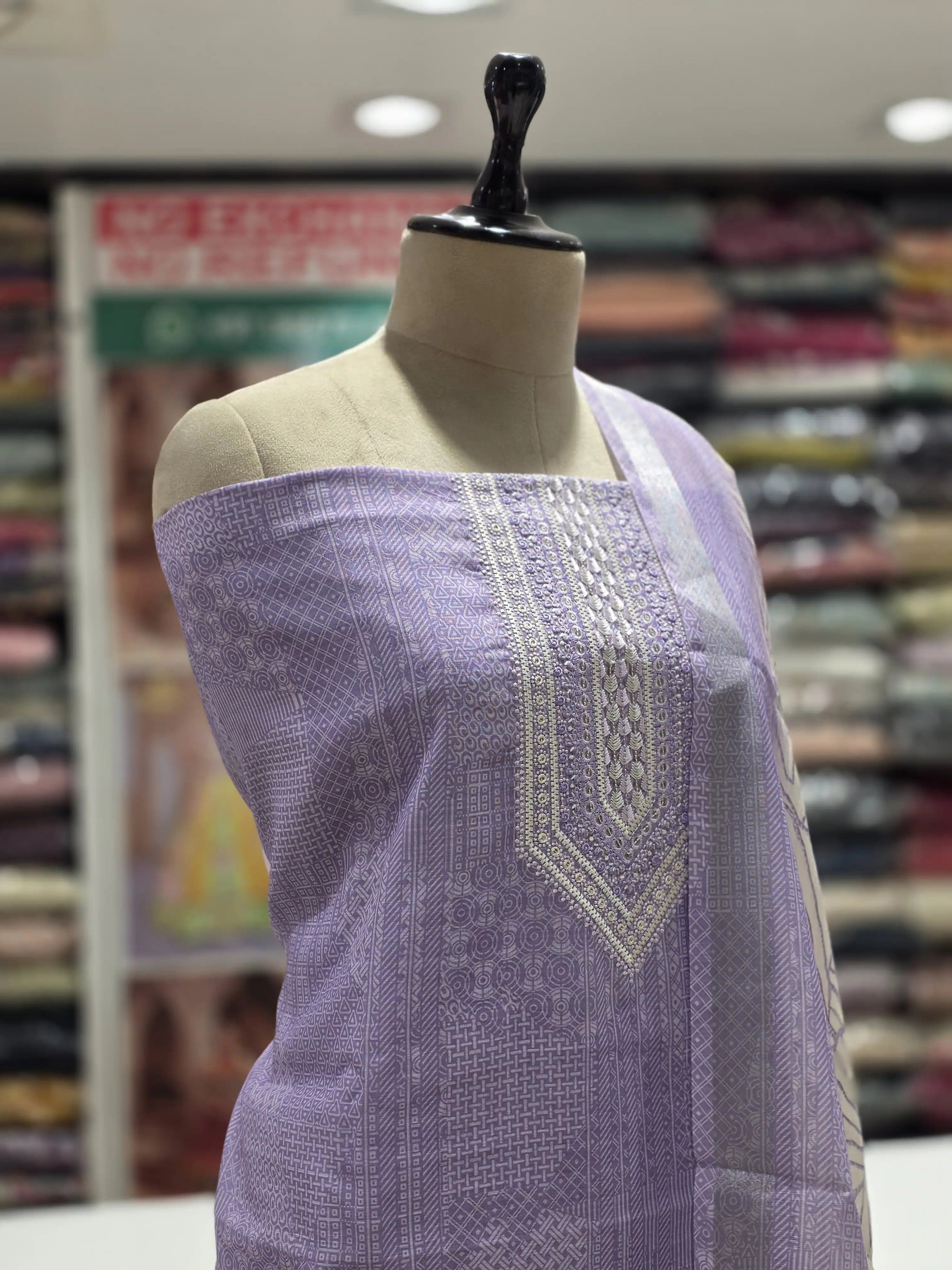 Lavender  Printed Cotton Dress Material with Work Dupatta