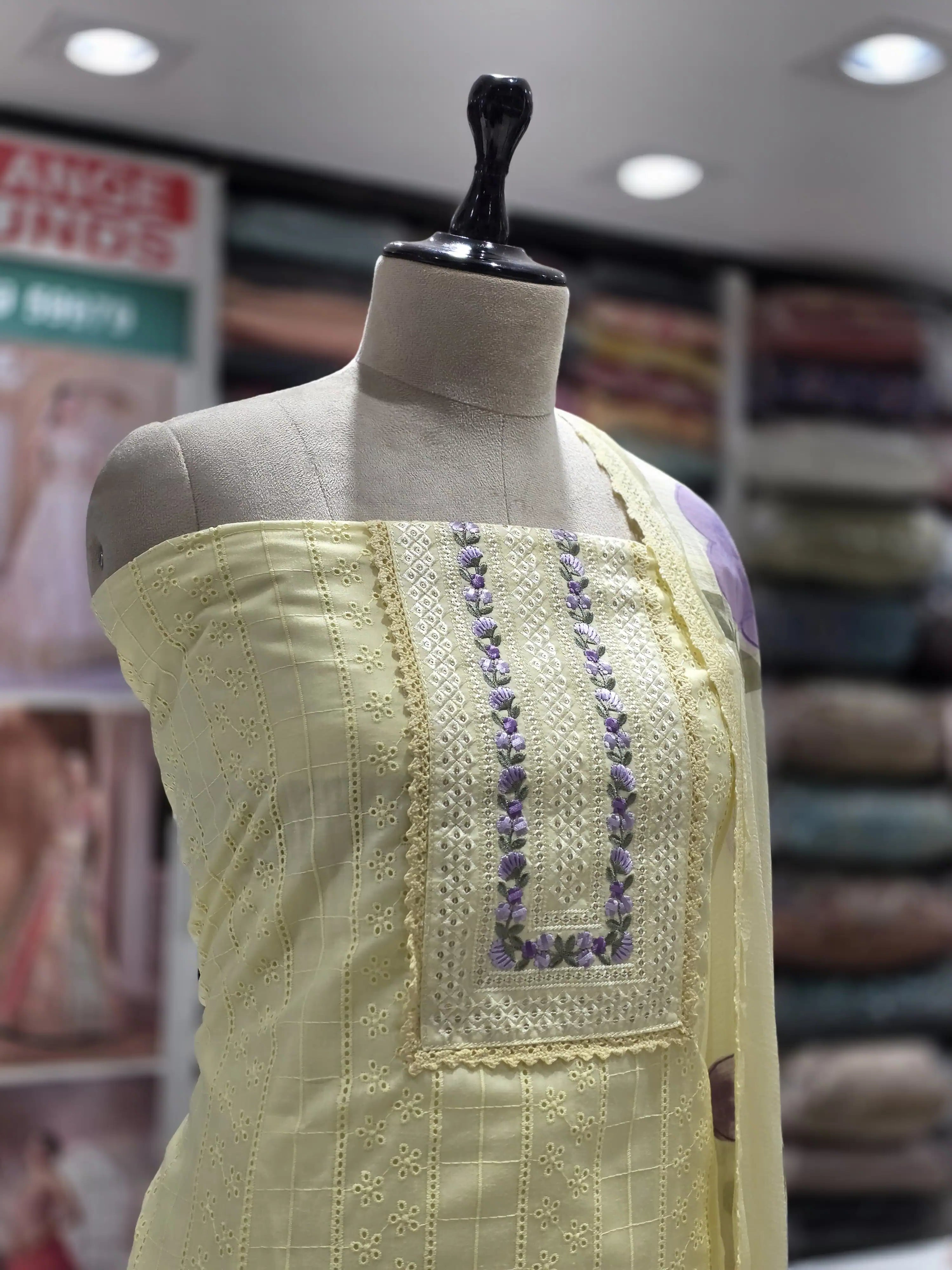 Yellow  Printed Cotton Dress Material with Work Dupatta