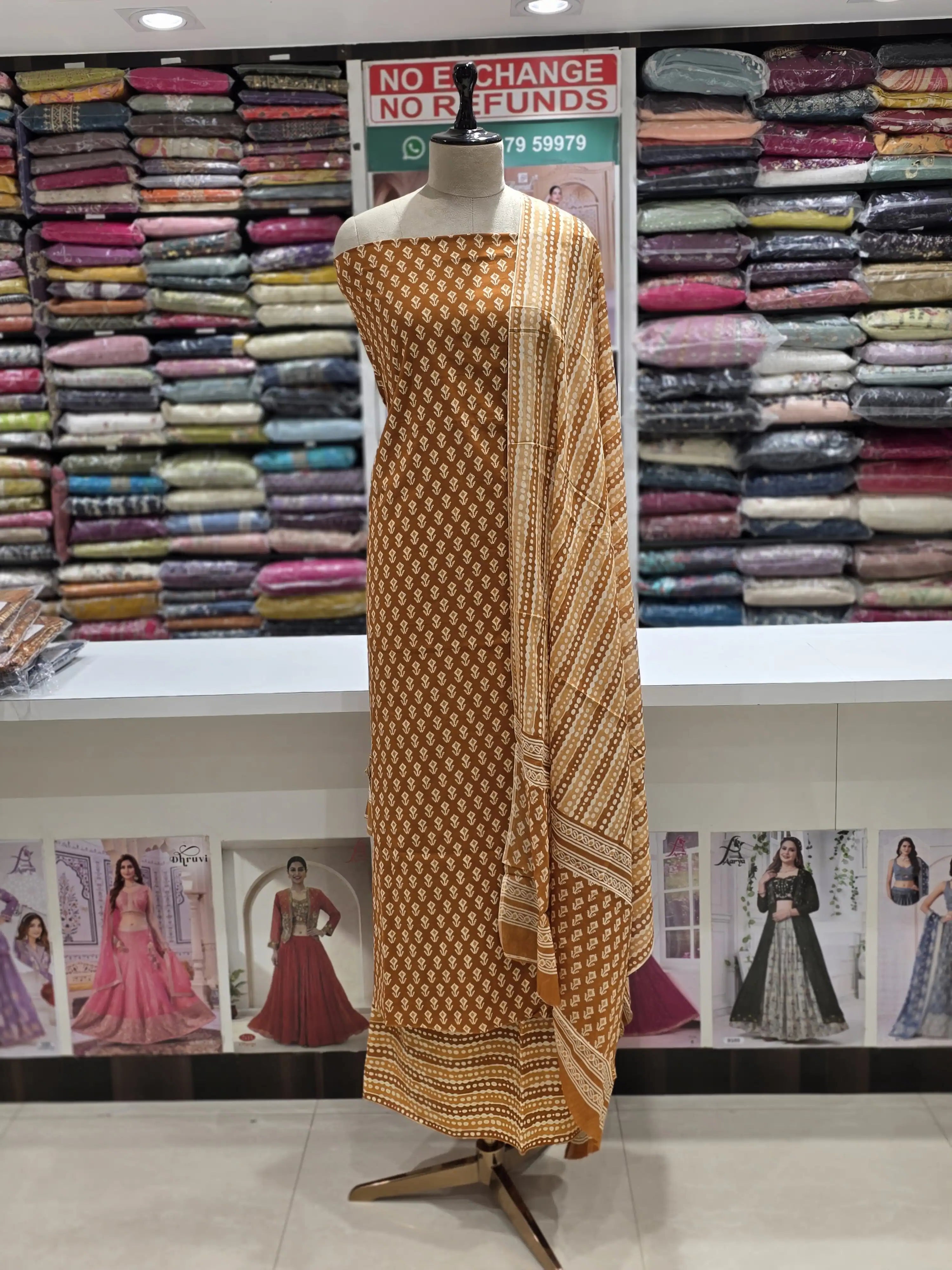 Rust Printed Cotton Dress Material with Work Dupatta