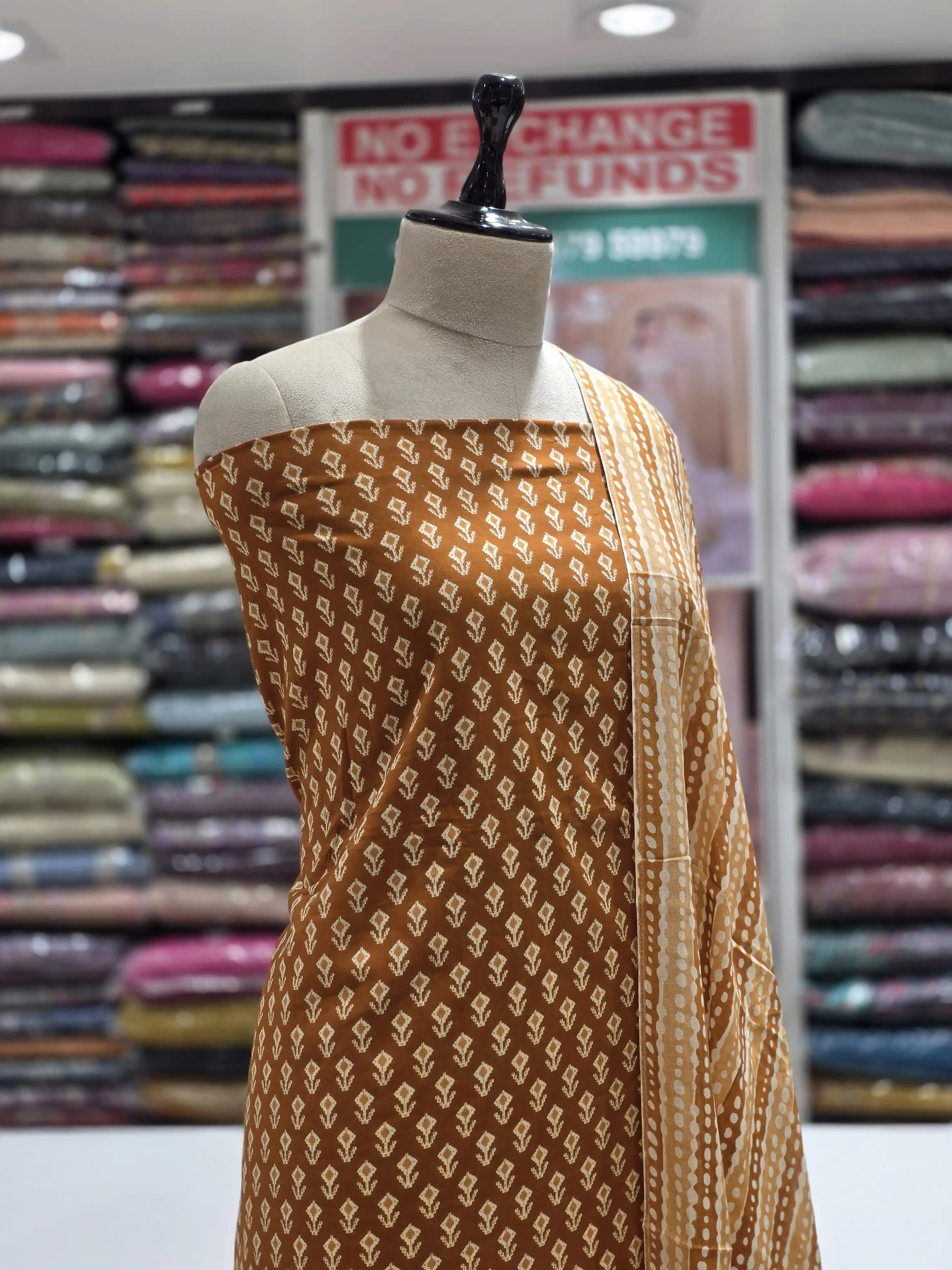 Rust Printed Cotton Dress Material with Work Dupatta