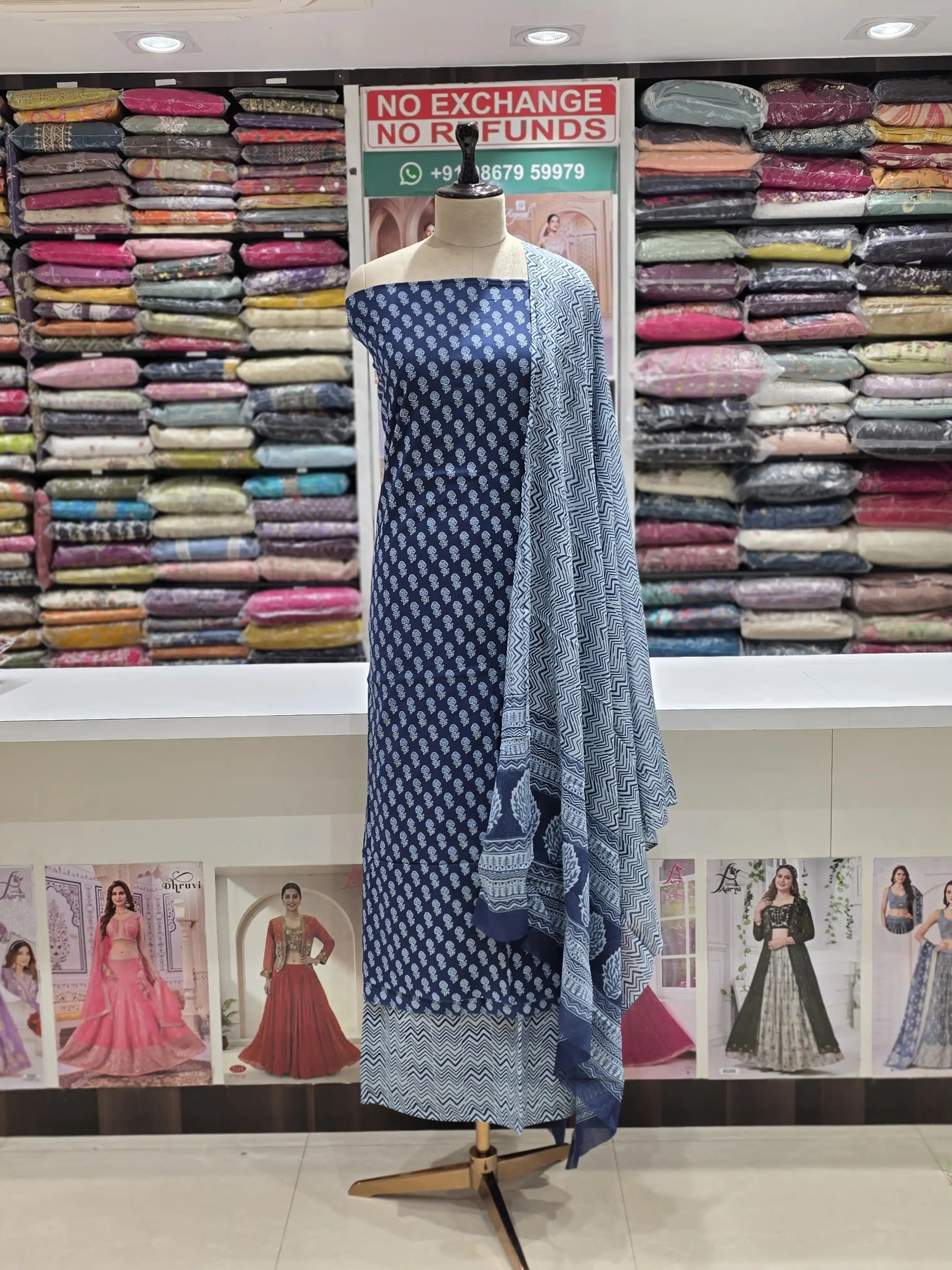 Blue  Printed Cotton Dress Material with Work Dupatta