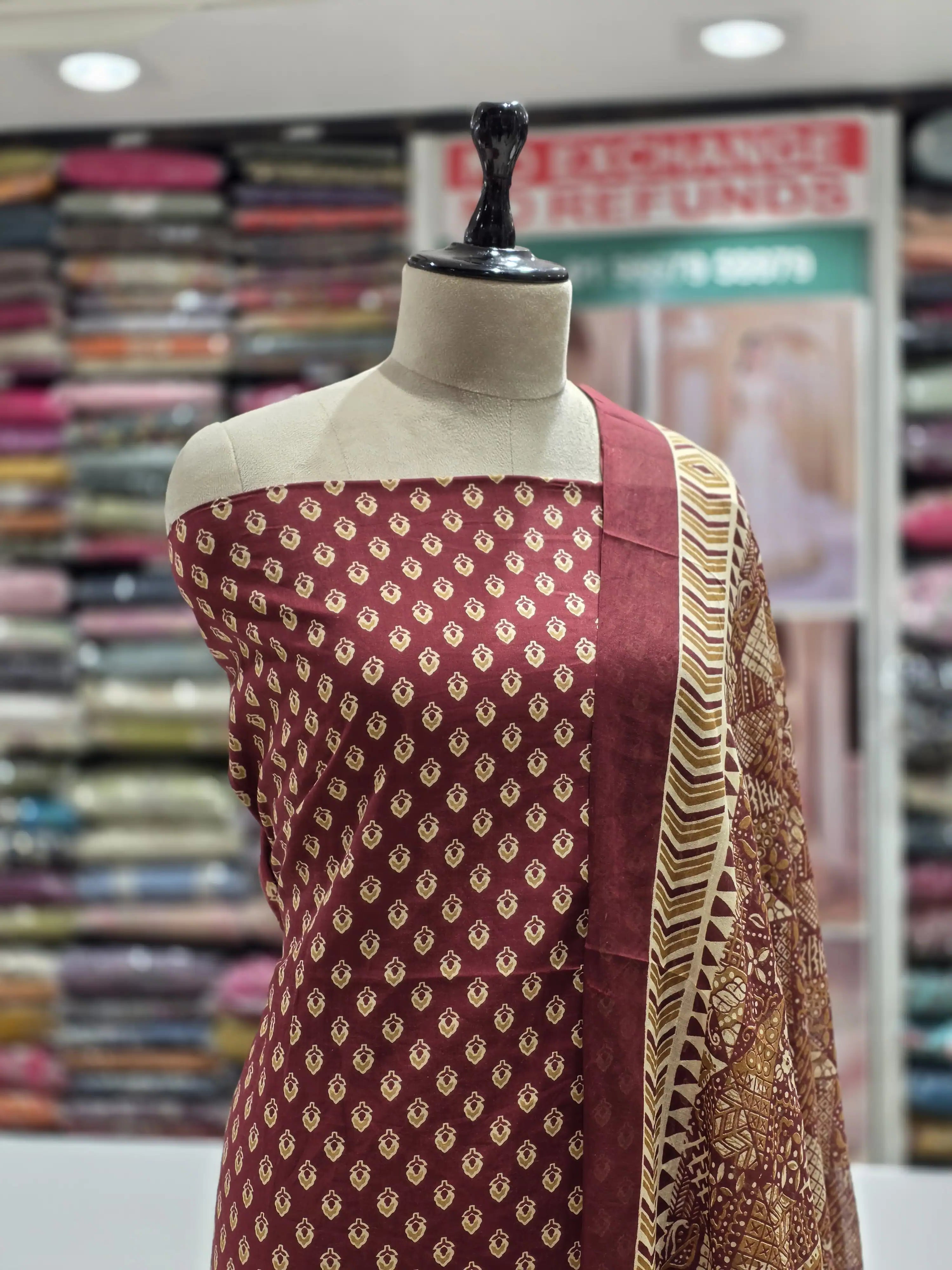 Maroon  Printed Cotton Dress Material with Work Dupatta