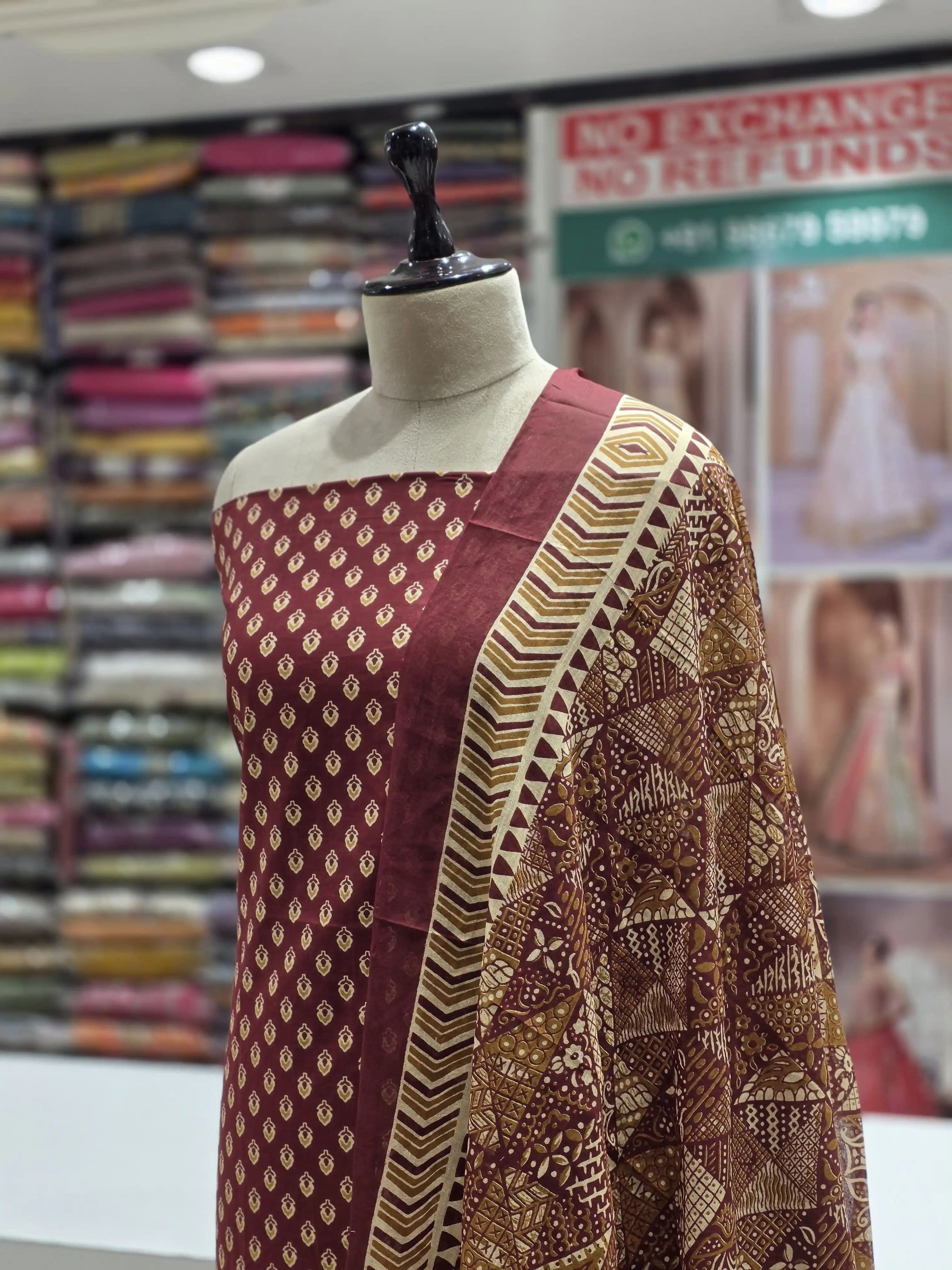 Maroon  Printed Cotton Dress Material with Work Dupatta