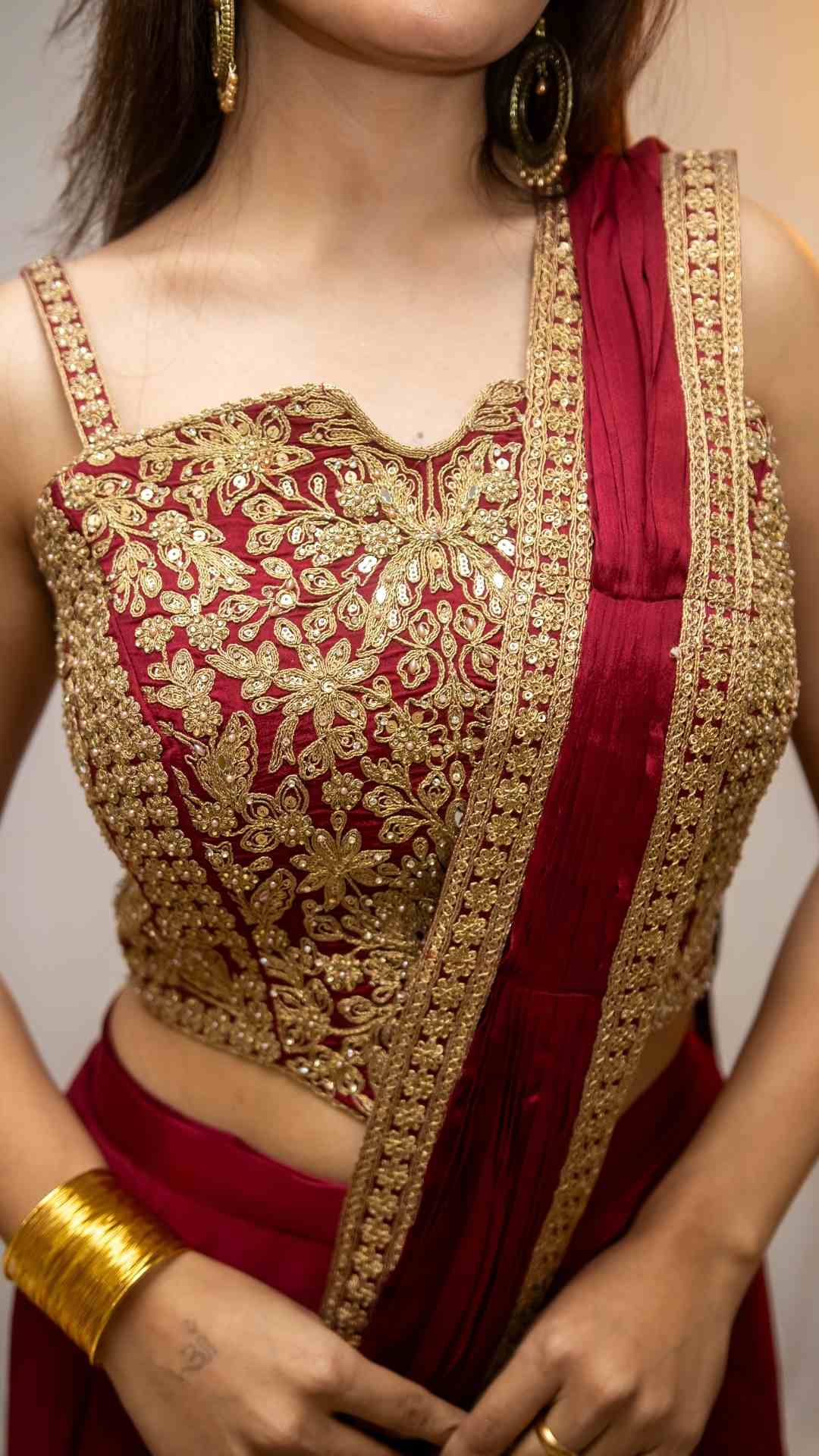 Maroon Gold Embroidered Ready-to-Wear Saree