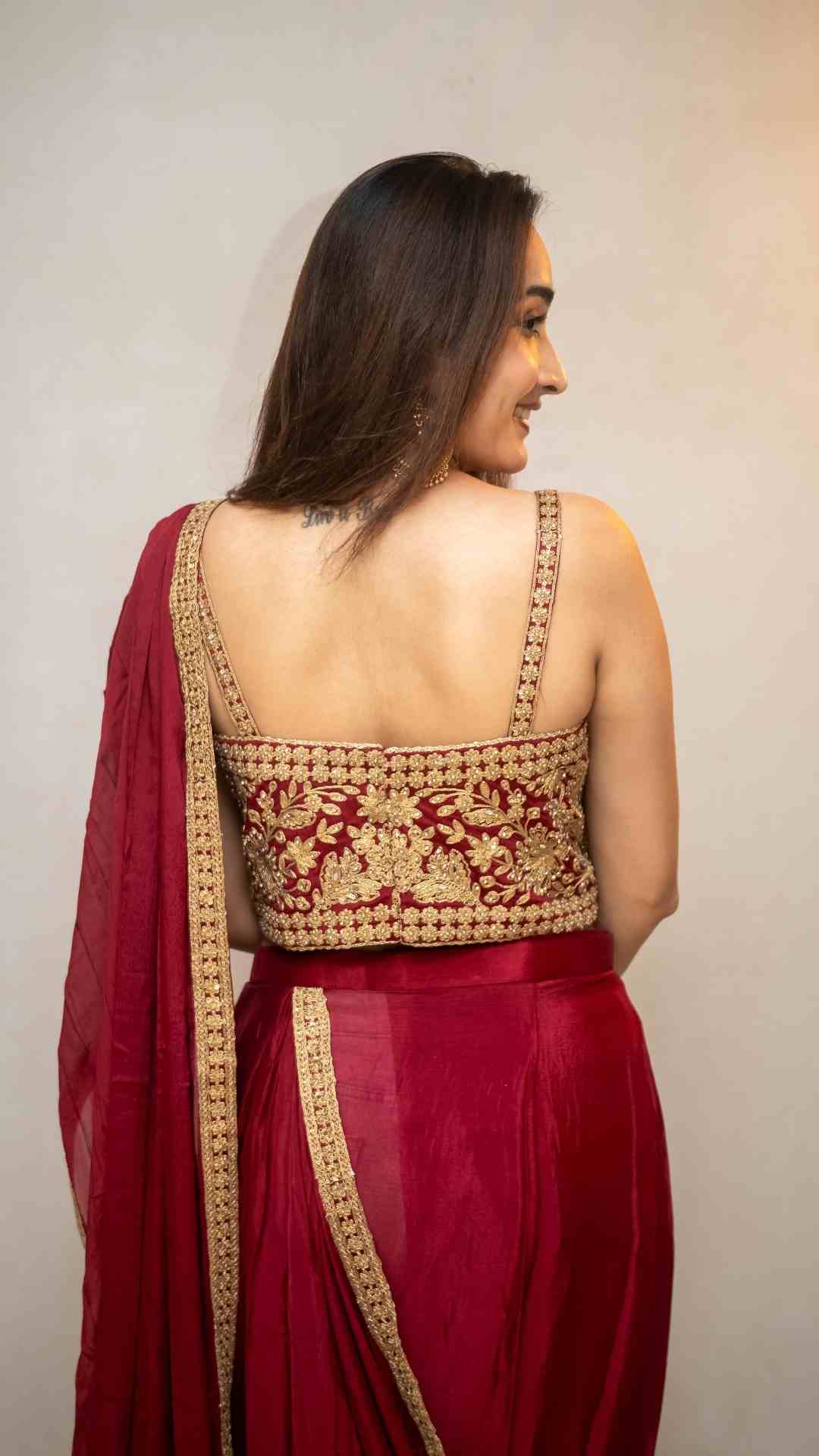 Maroon Gold Embroidered Ready-to-Wear Saree