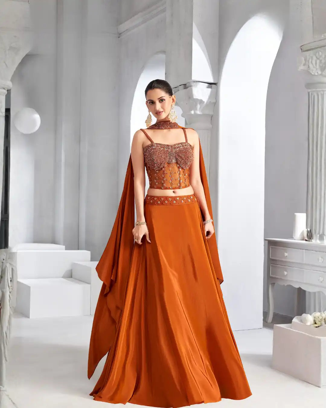 Orange Embroidered Designer Lehenga Choli Set with Dupatta