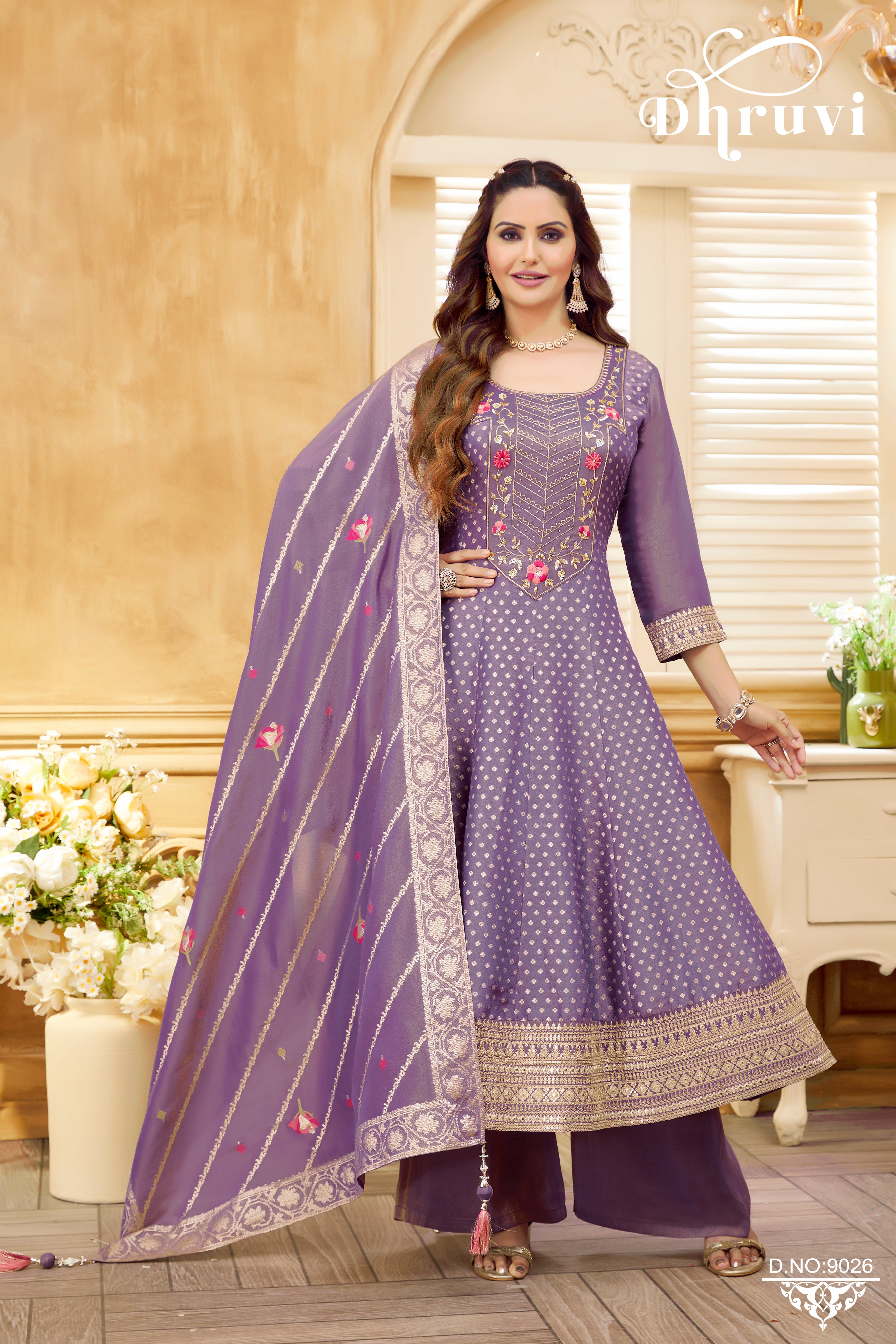 Purple Simar Silk Plazzo Suit with Hand Work