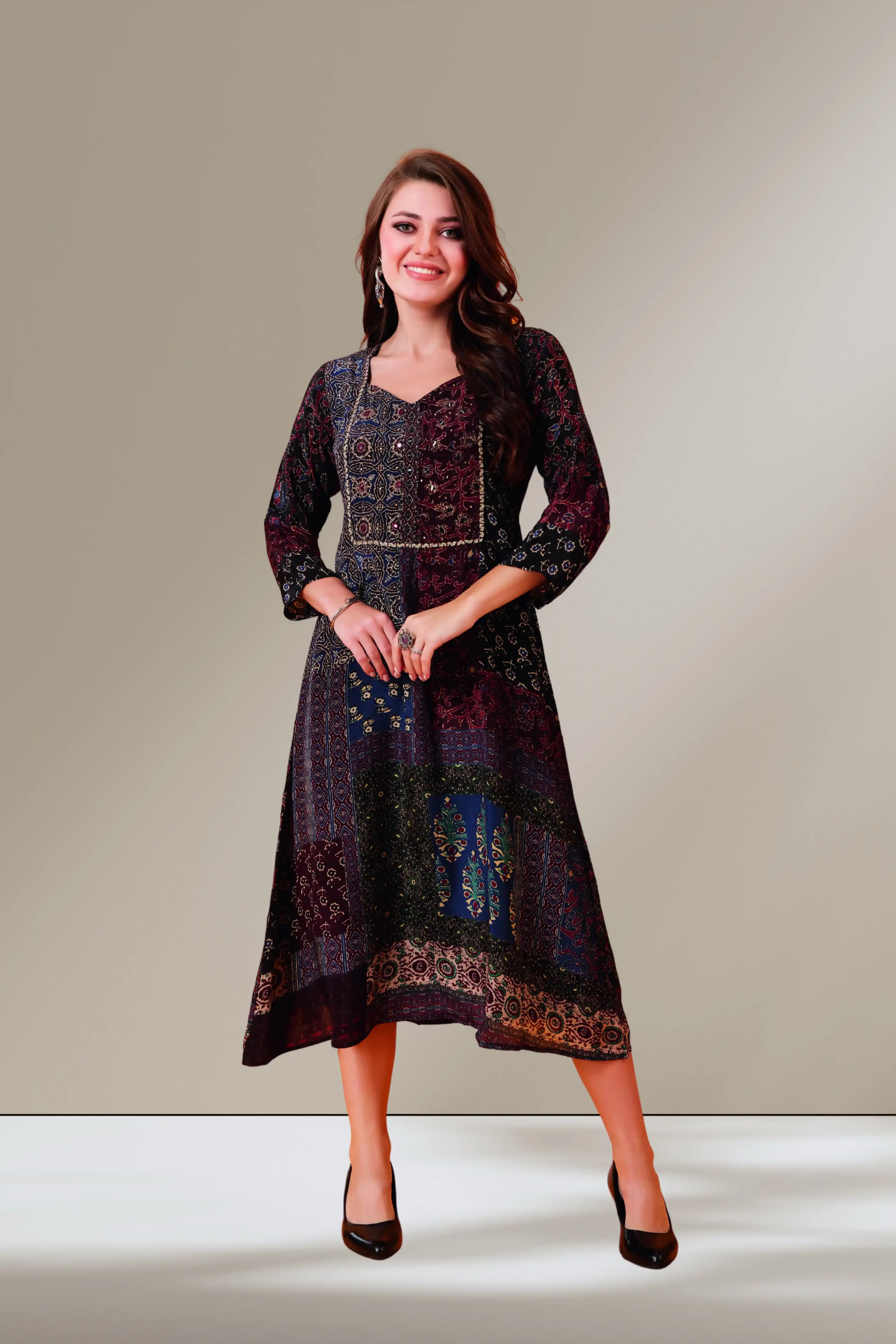 Boho-Chic Flared Kurti in Deep Jewel Tones