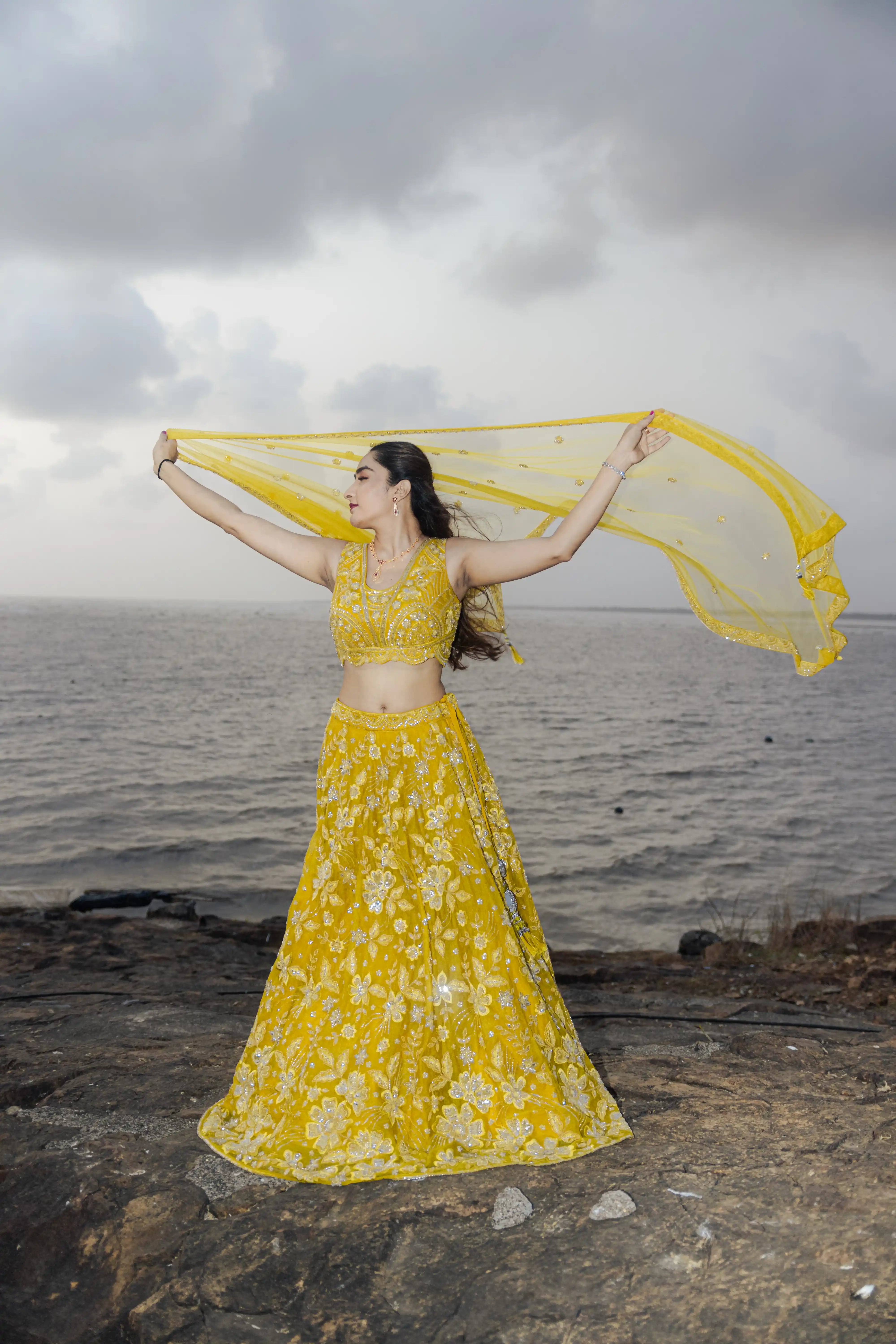 Bright Yellow Handwork Sequence Choli Suit with Net Skirt