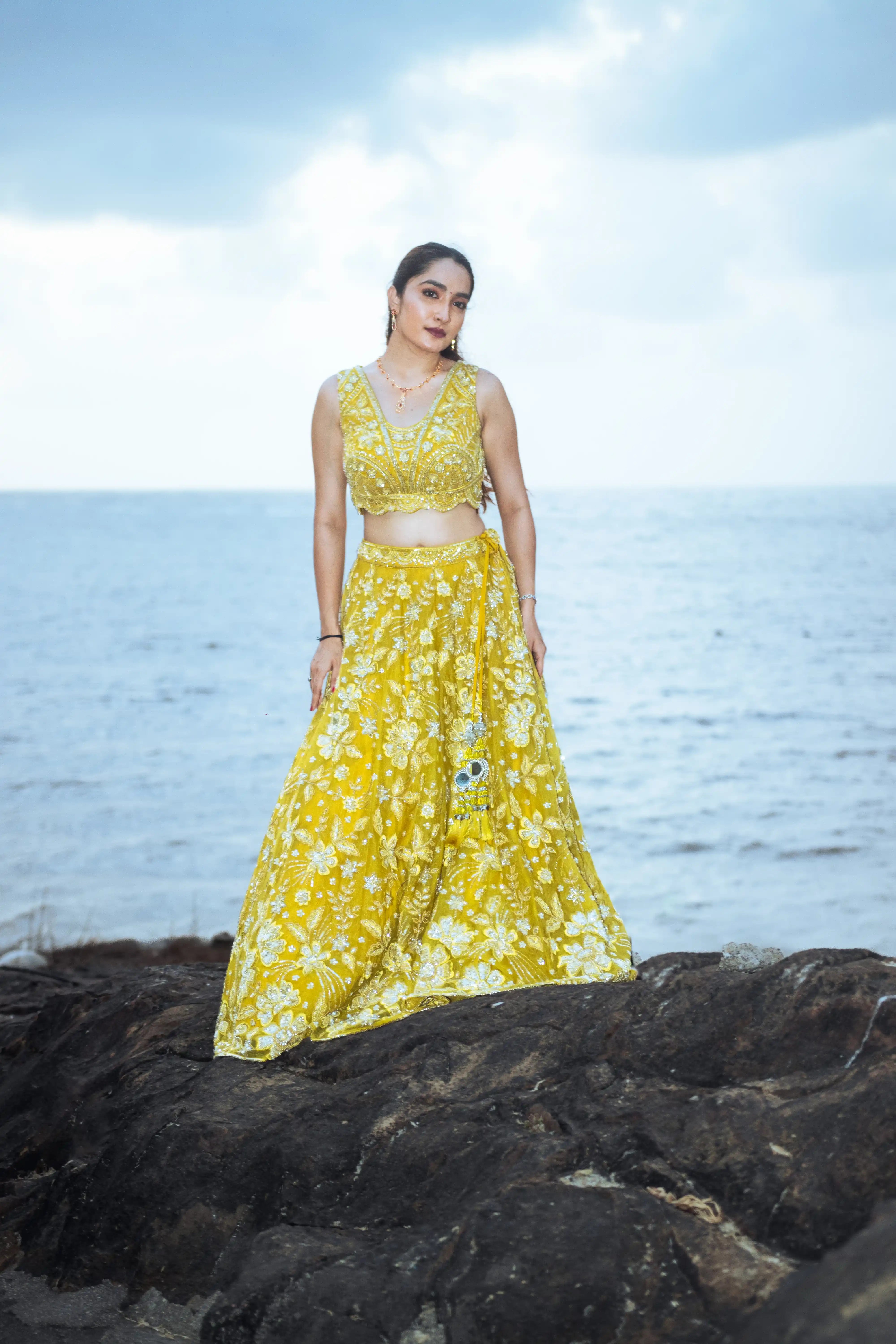 Bright Yellow Handwork Sequence Choli Suit with Net Skirt