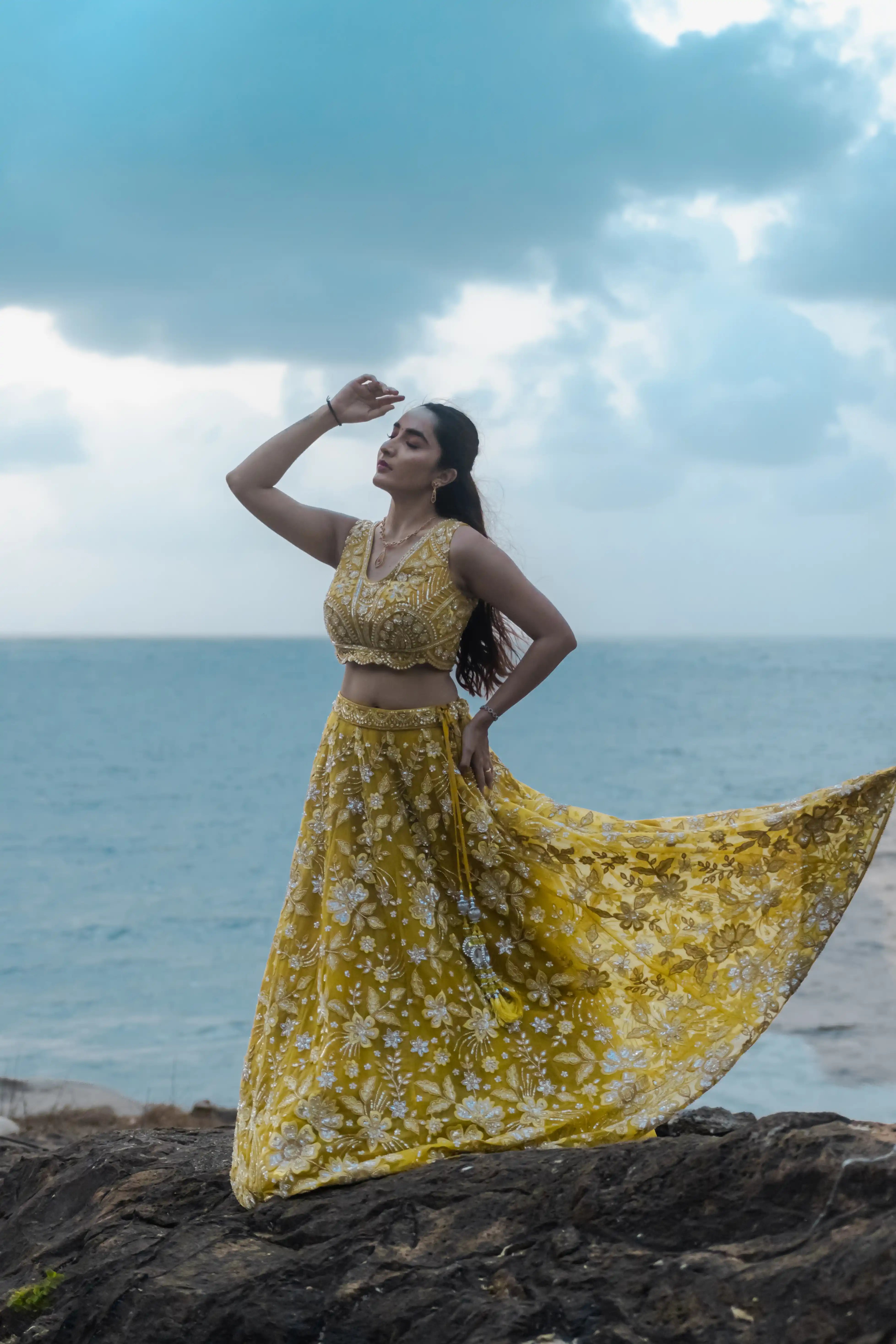 Bright Yellow Handwork Sequence Choli Suit with Net Skirt