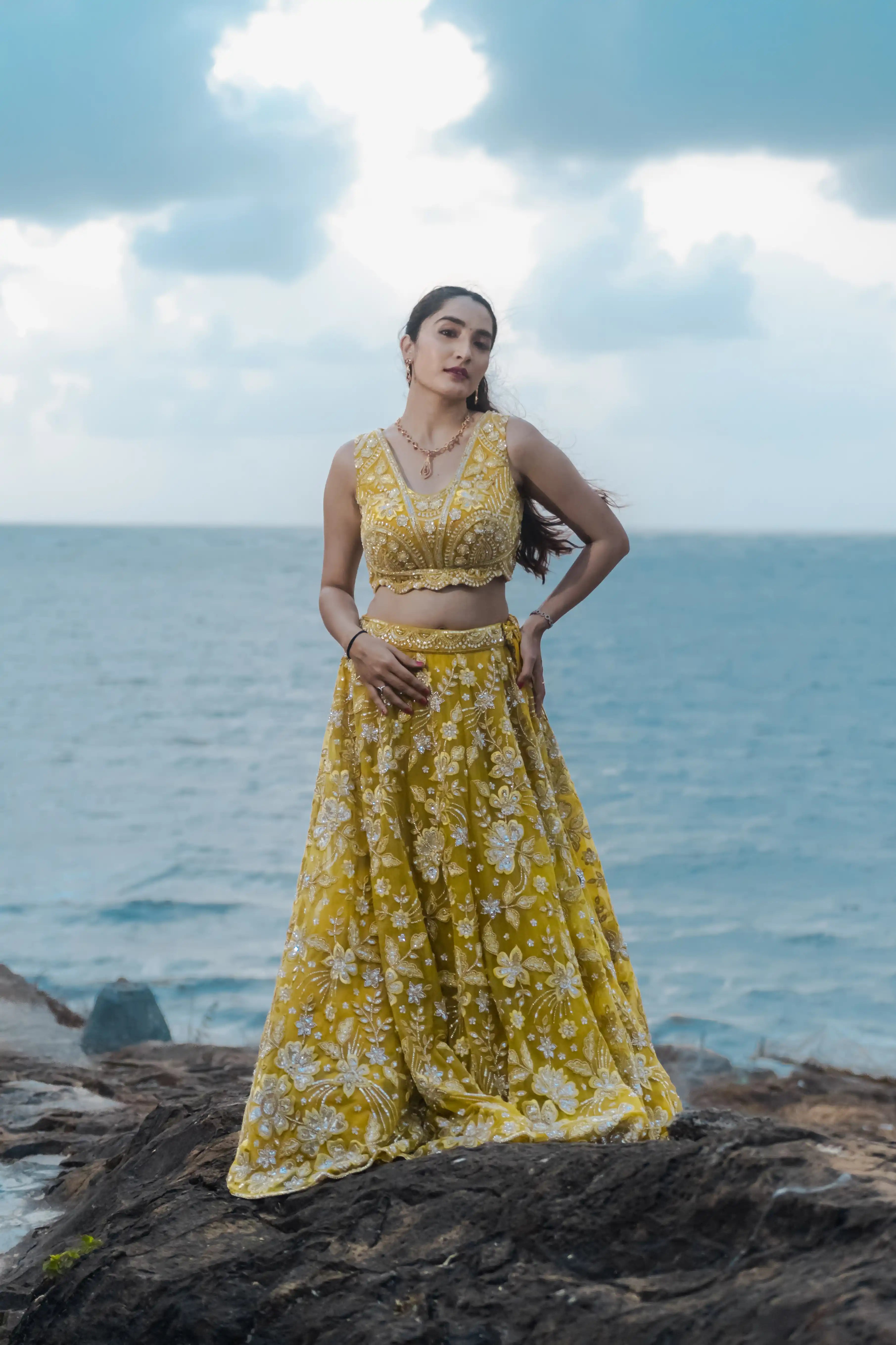 Bright Yellow Handwork Sequence Choli Suit with Net Skirt
