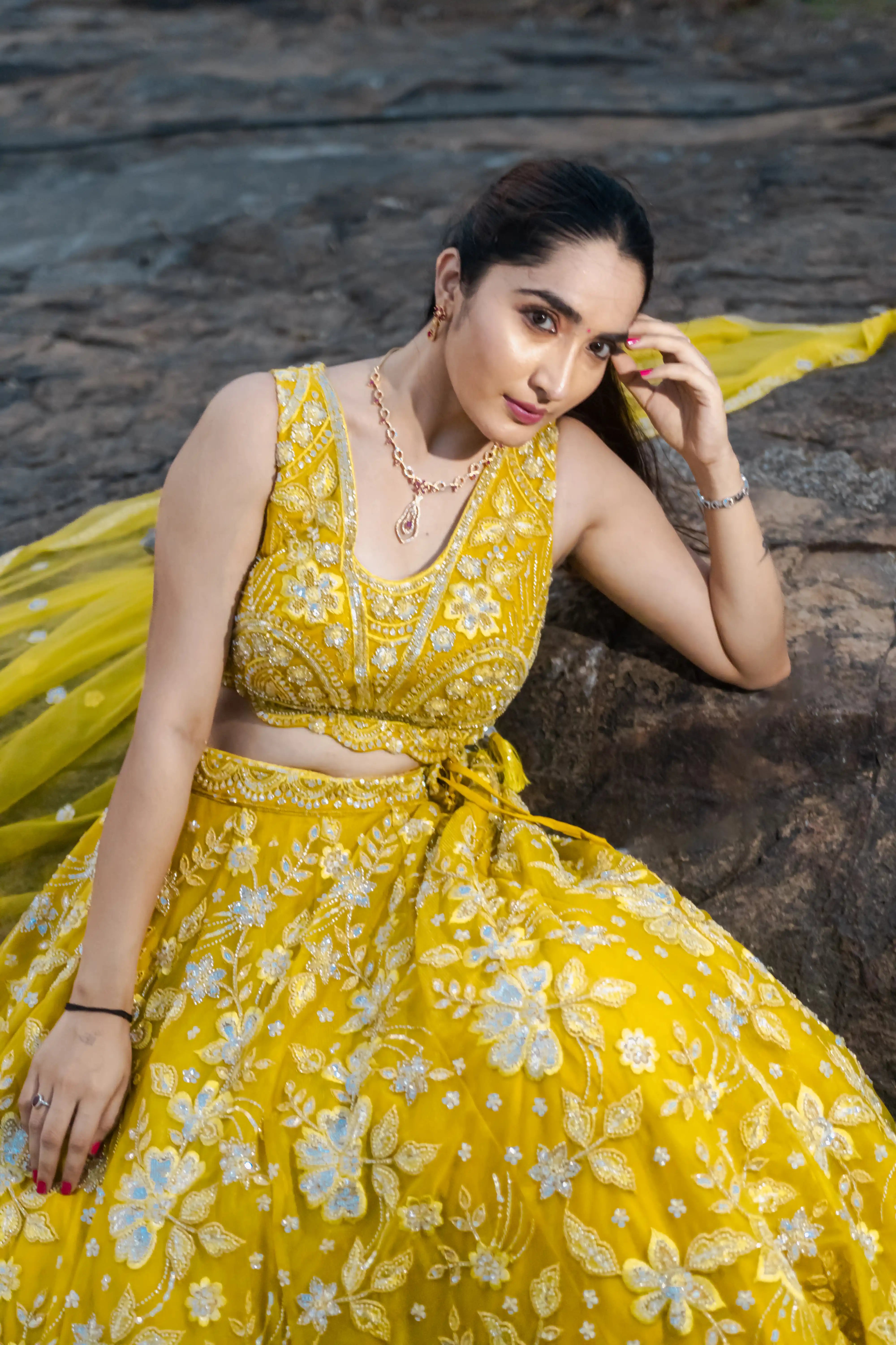 Bright Yellow Handwork Sequence Choli Suit with Net Skirt