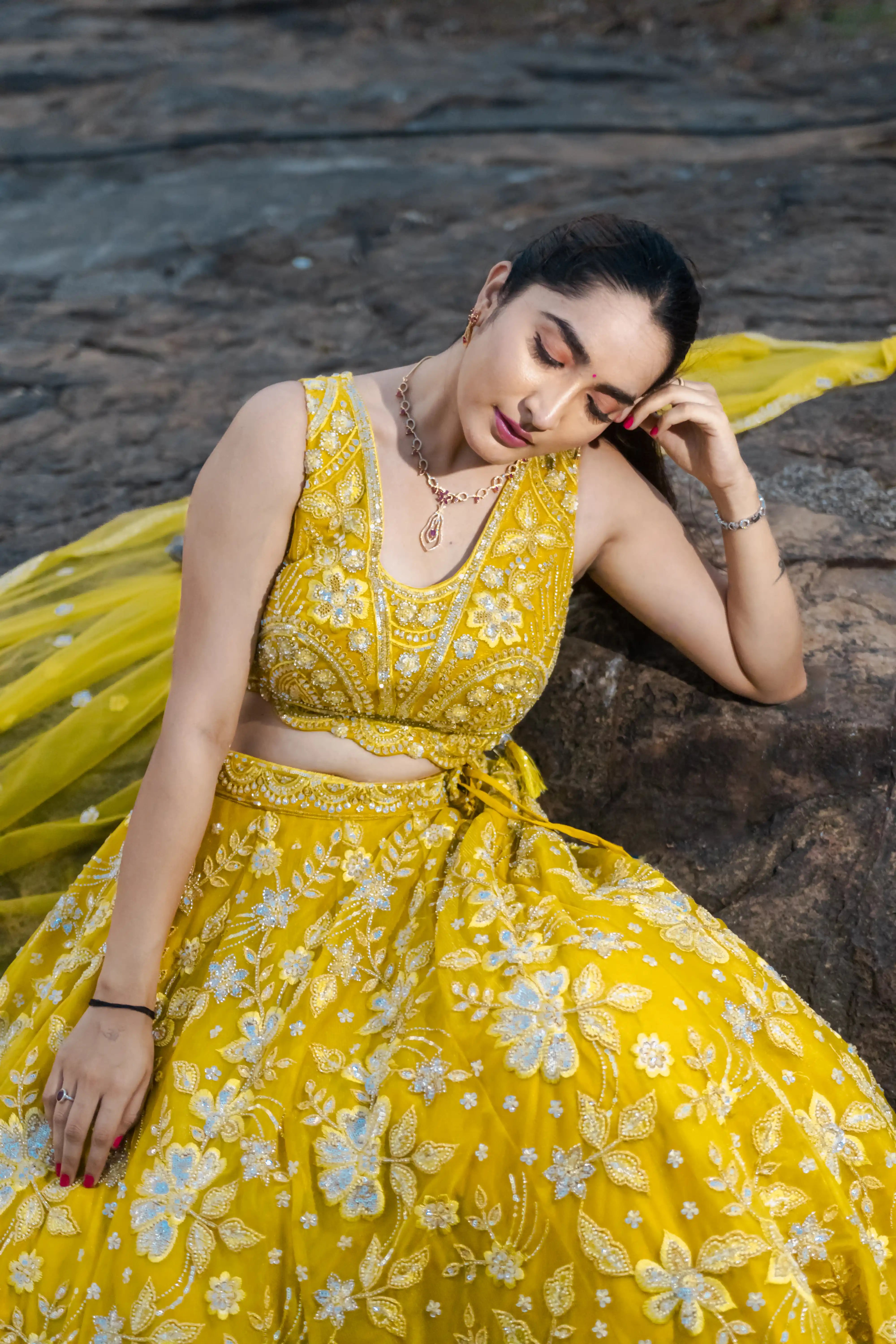 Bright Yellow Handwork Sequence Choli Suit with Net Skirt