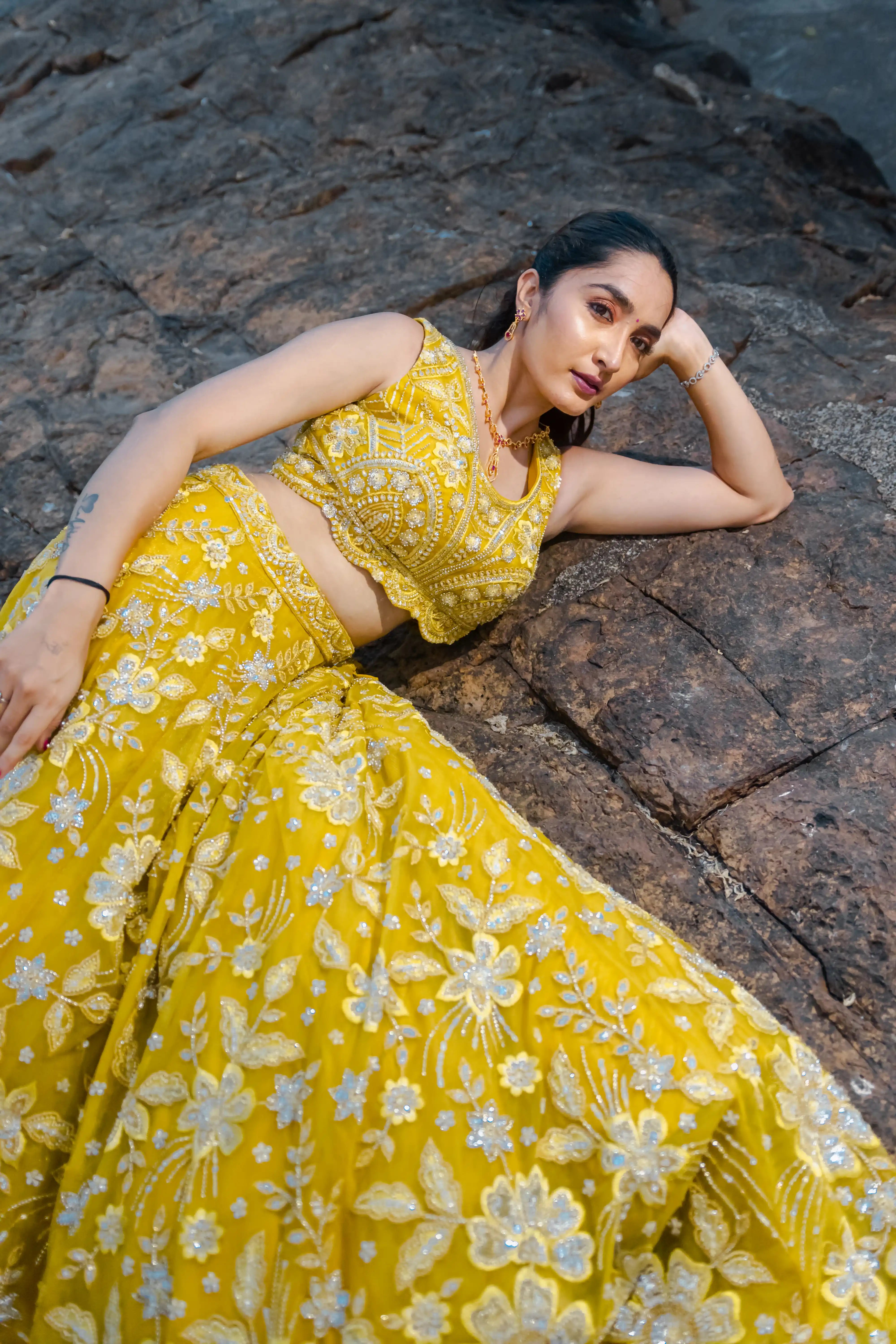 Bright Yellow Handwork Sequence Choli Suit with Net Skirt