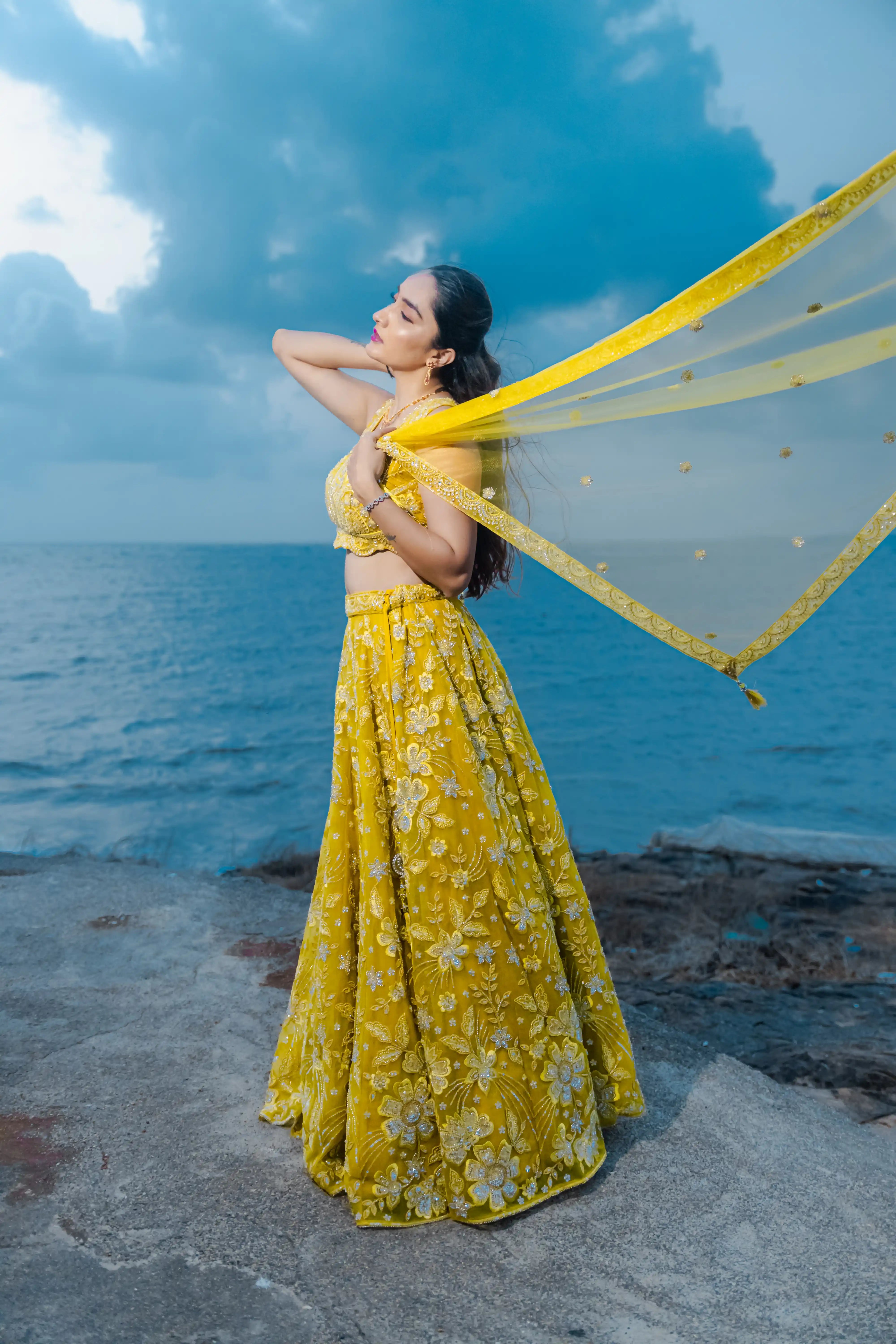 Bright Yellow Handwork Sequence Choli Suit with Net Skirt
