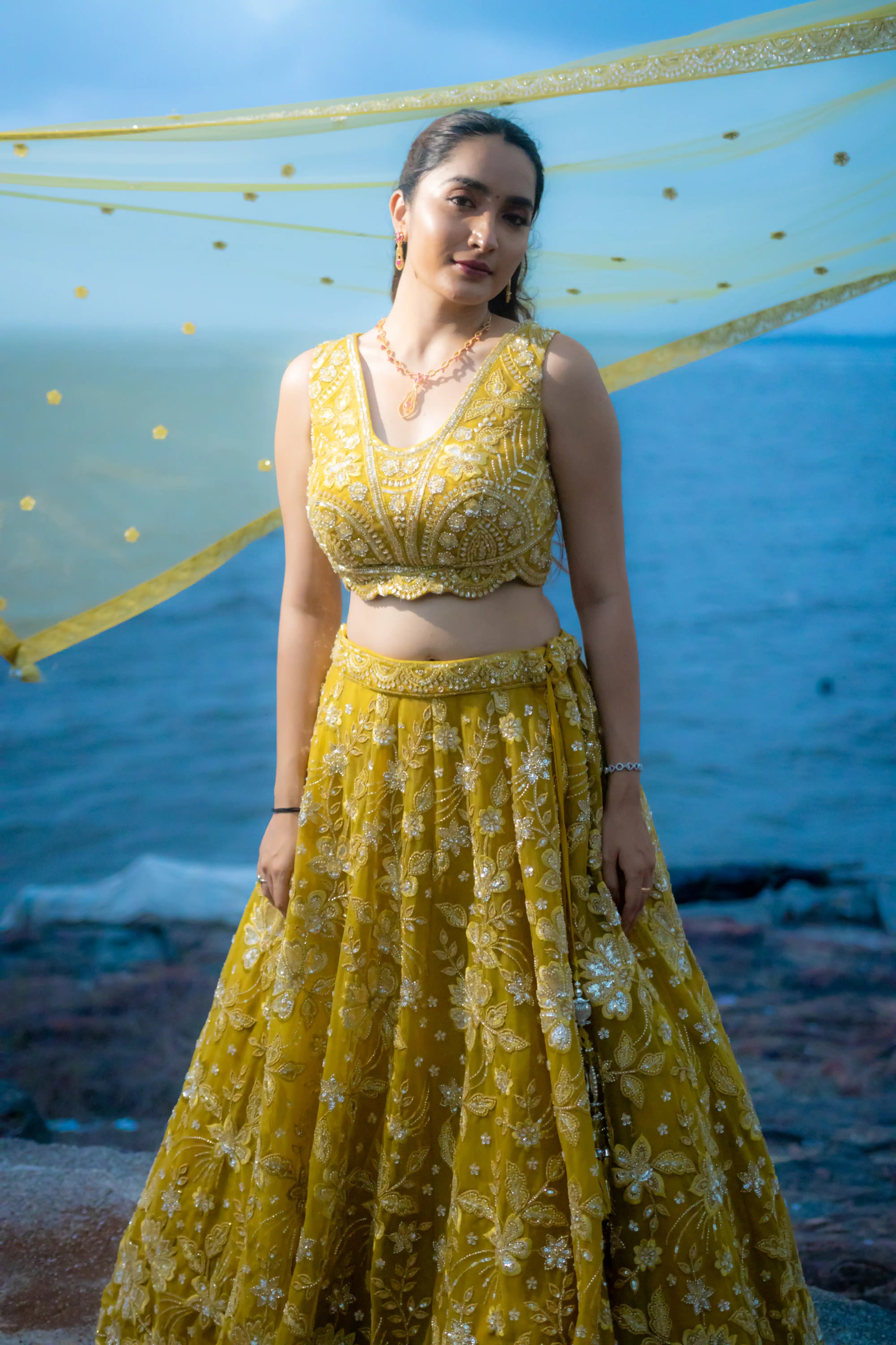 Bright Yellow Handwork Sequence Choli Suit with Net Skirt