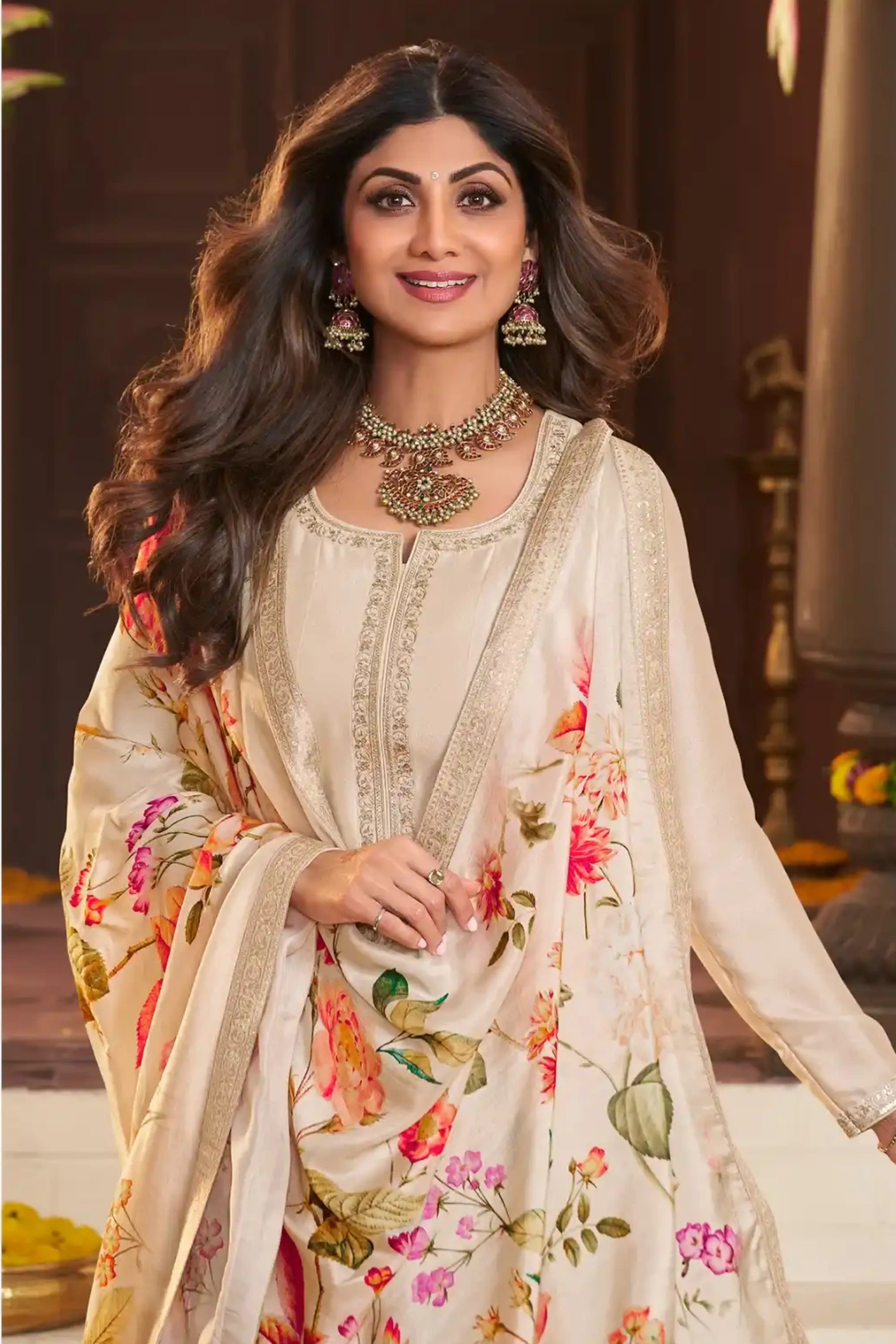 Shilpa Shetty Cream Anarkali Kurta Set with Floral Dupatta – RUTU