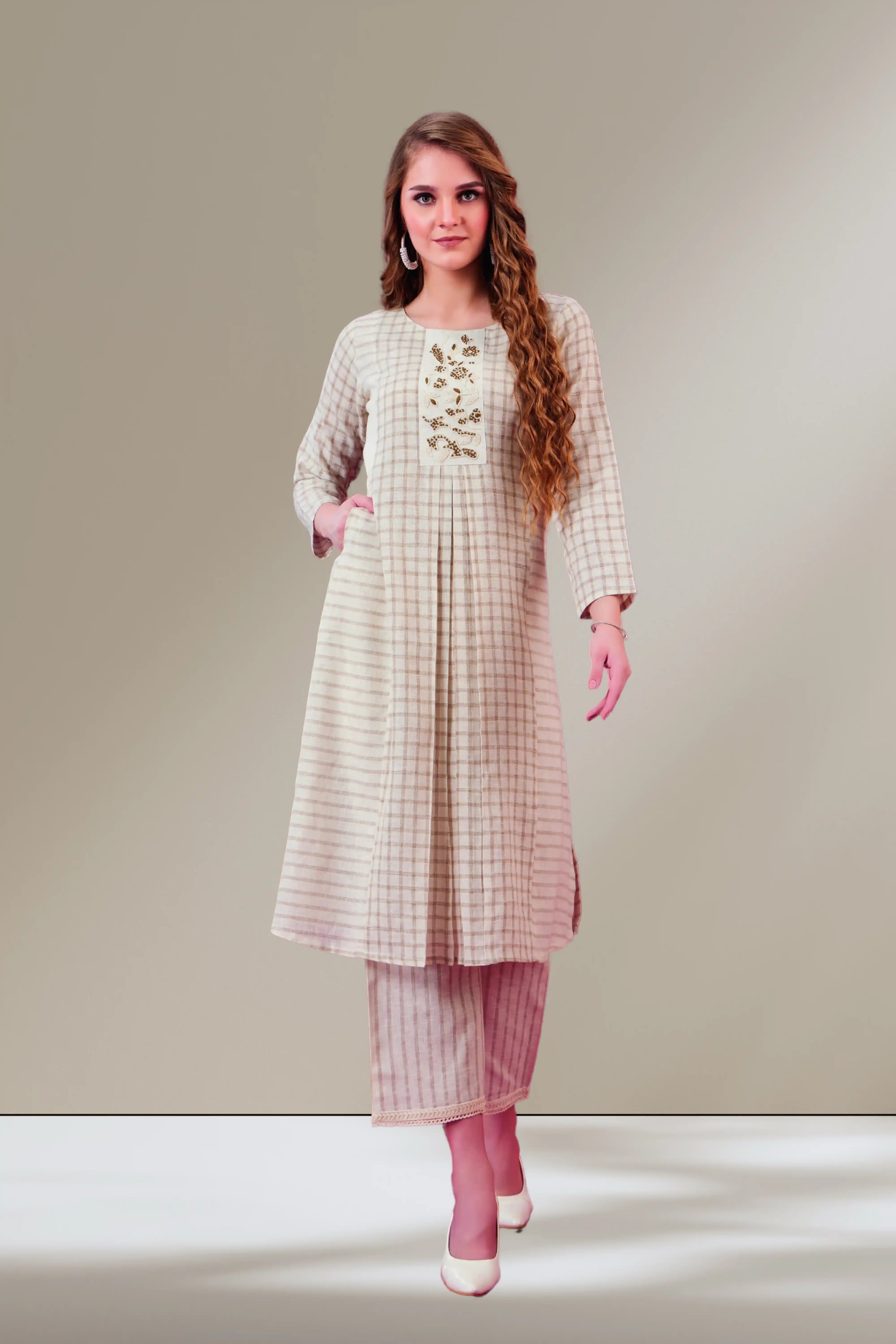 Elegant Striped Co-ord Set with Embroidered Yoke