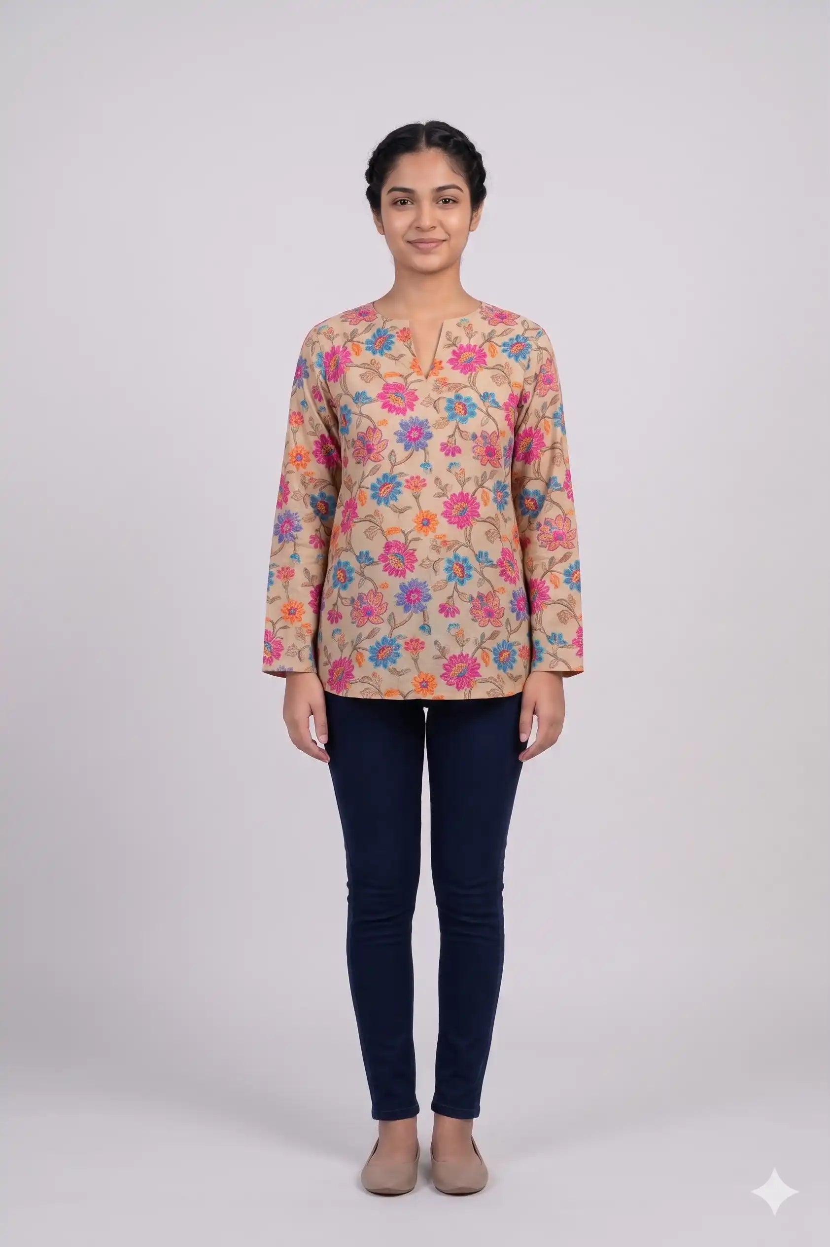 Women's Casual Comfort Floral Tunic Brown Top