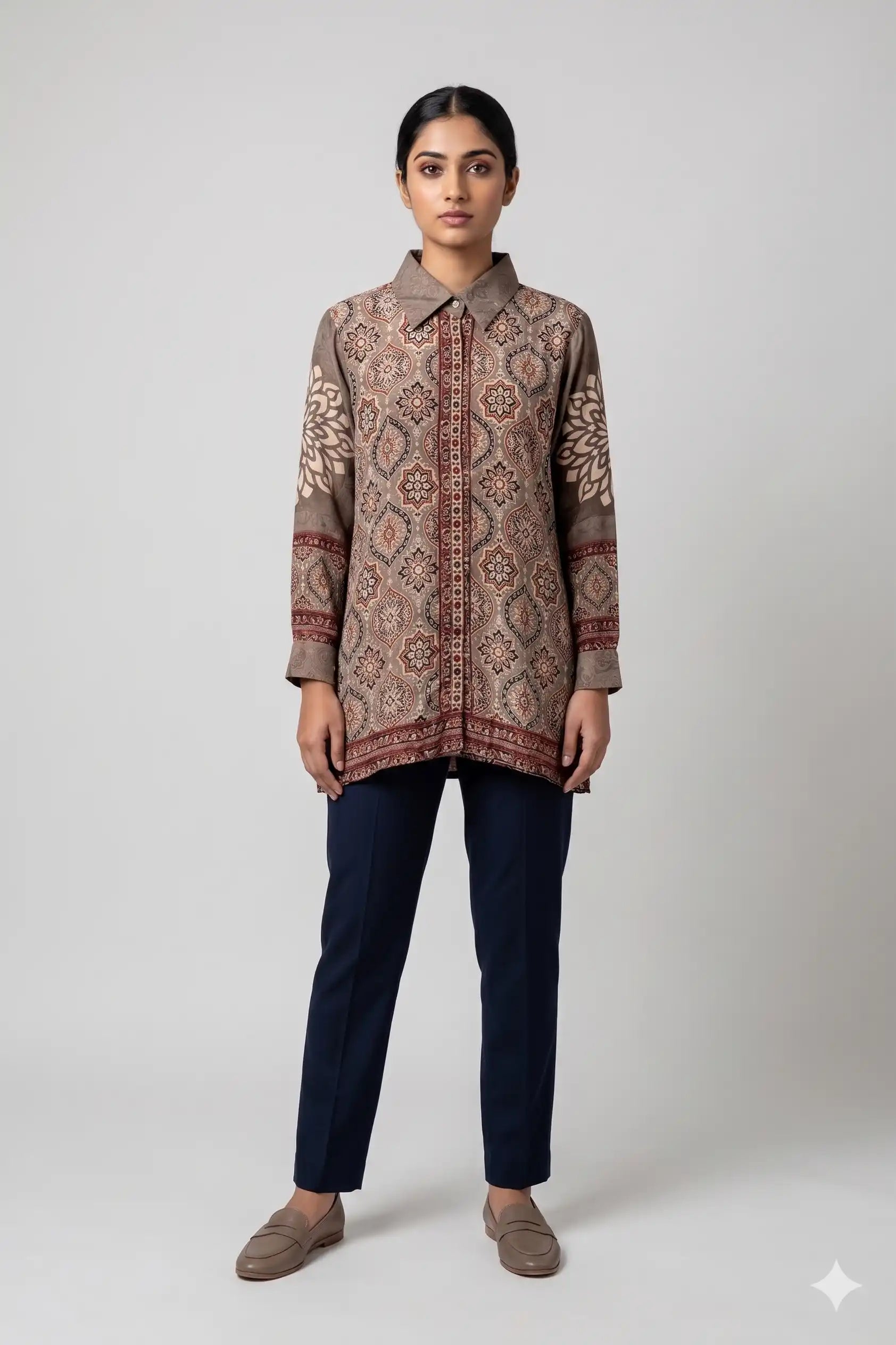 Women's Casual Comfort Floral Tunic Brown Top