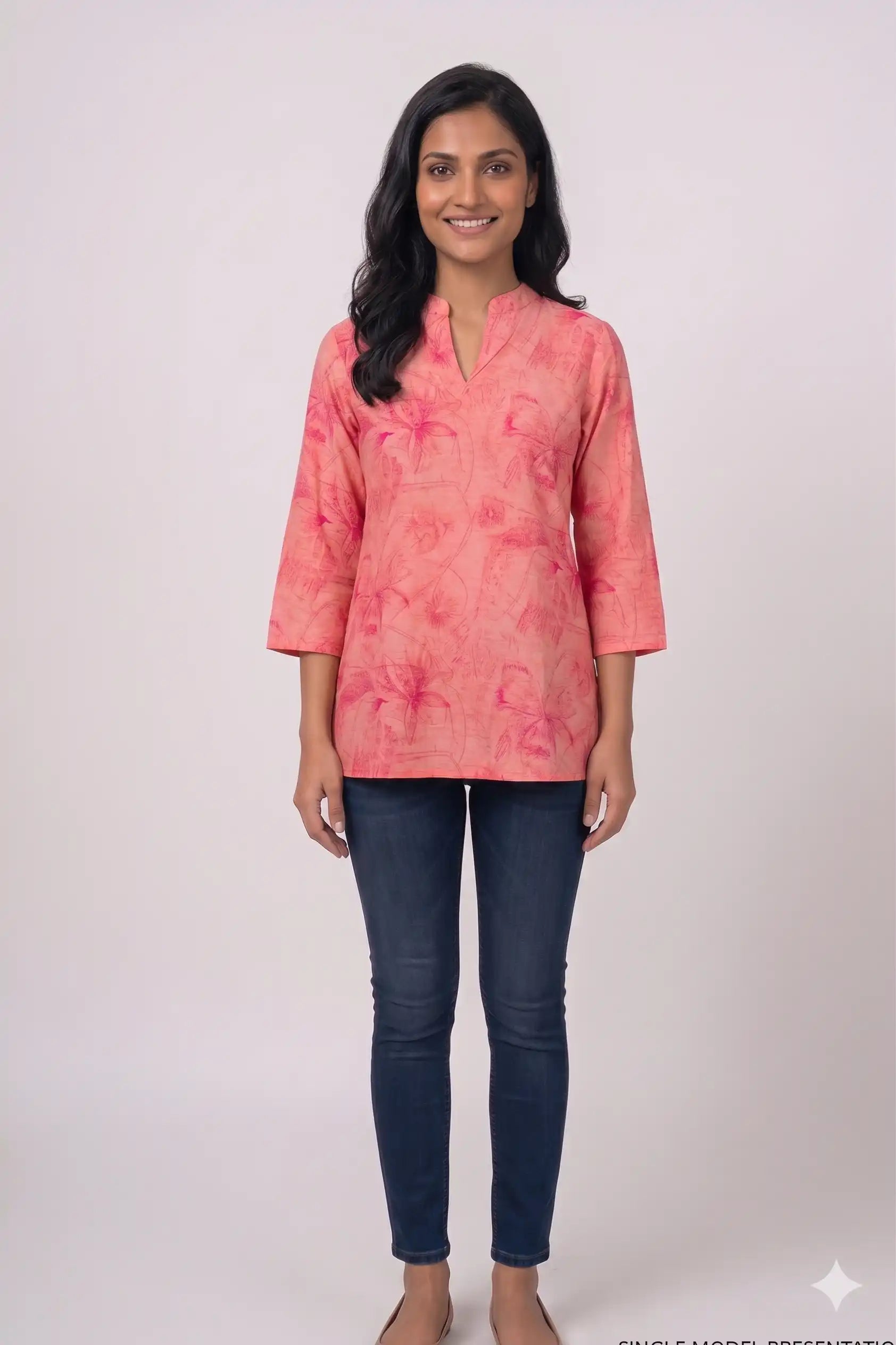 Women's Casual Comfort Floral Tunic Peach Top