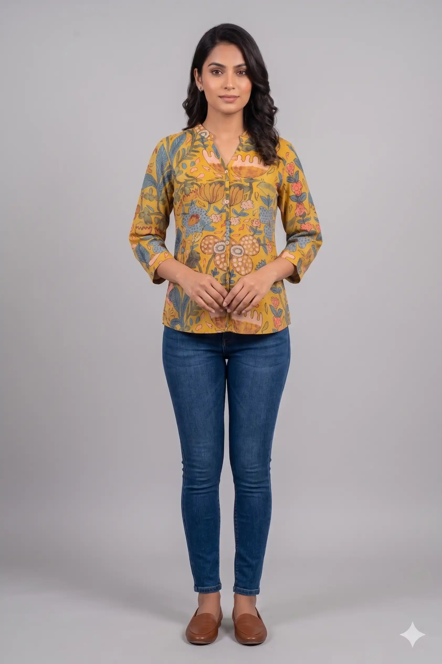 Women's Casual Comfort Floral Tunic Yellow Top