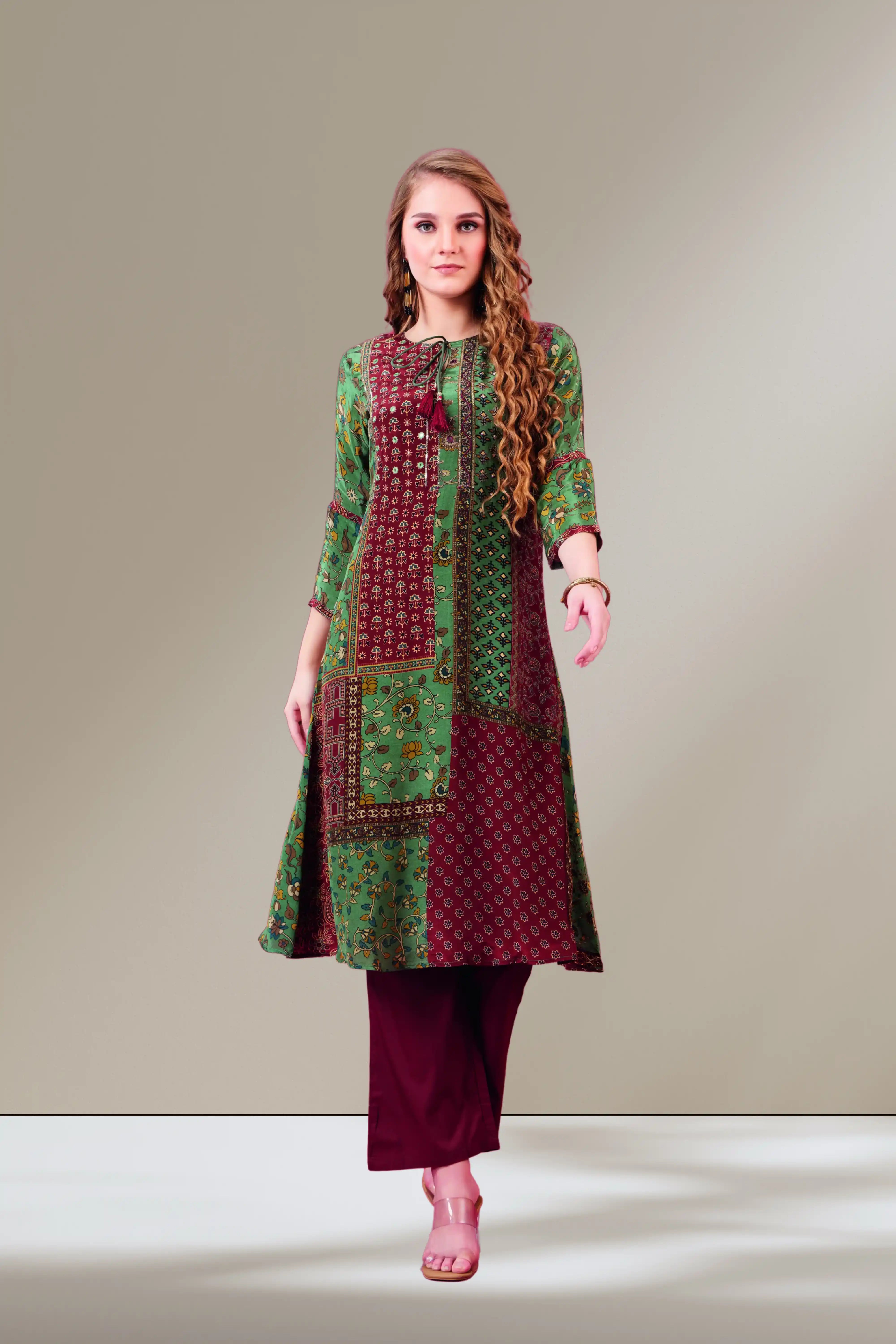 Rustic Patchwork Kurta Set in Green & Maroon Tones