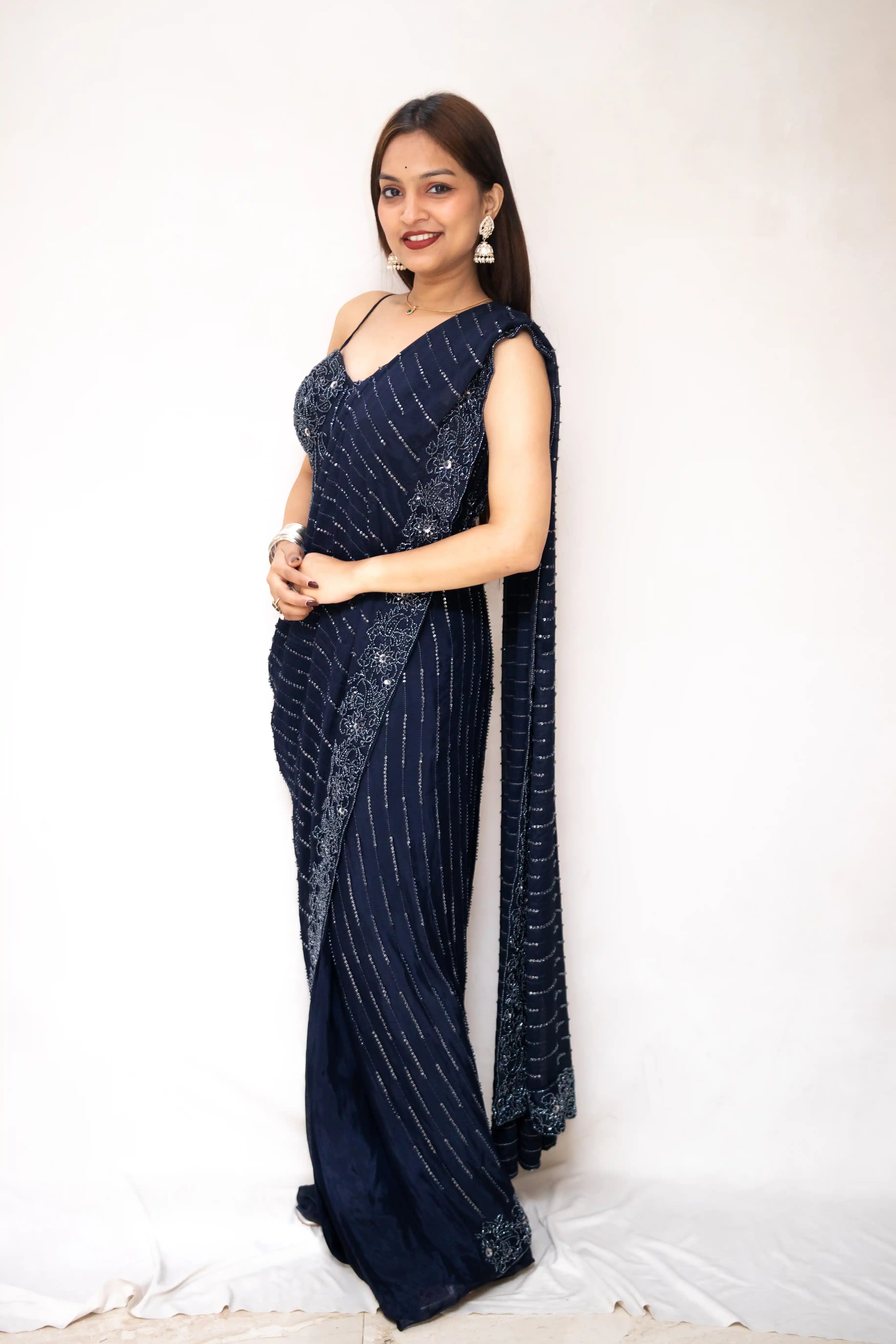Midnight Blue Shimmer Saree with Designer Border