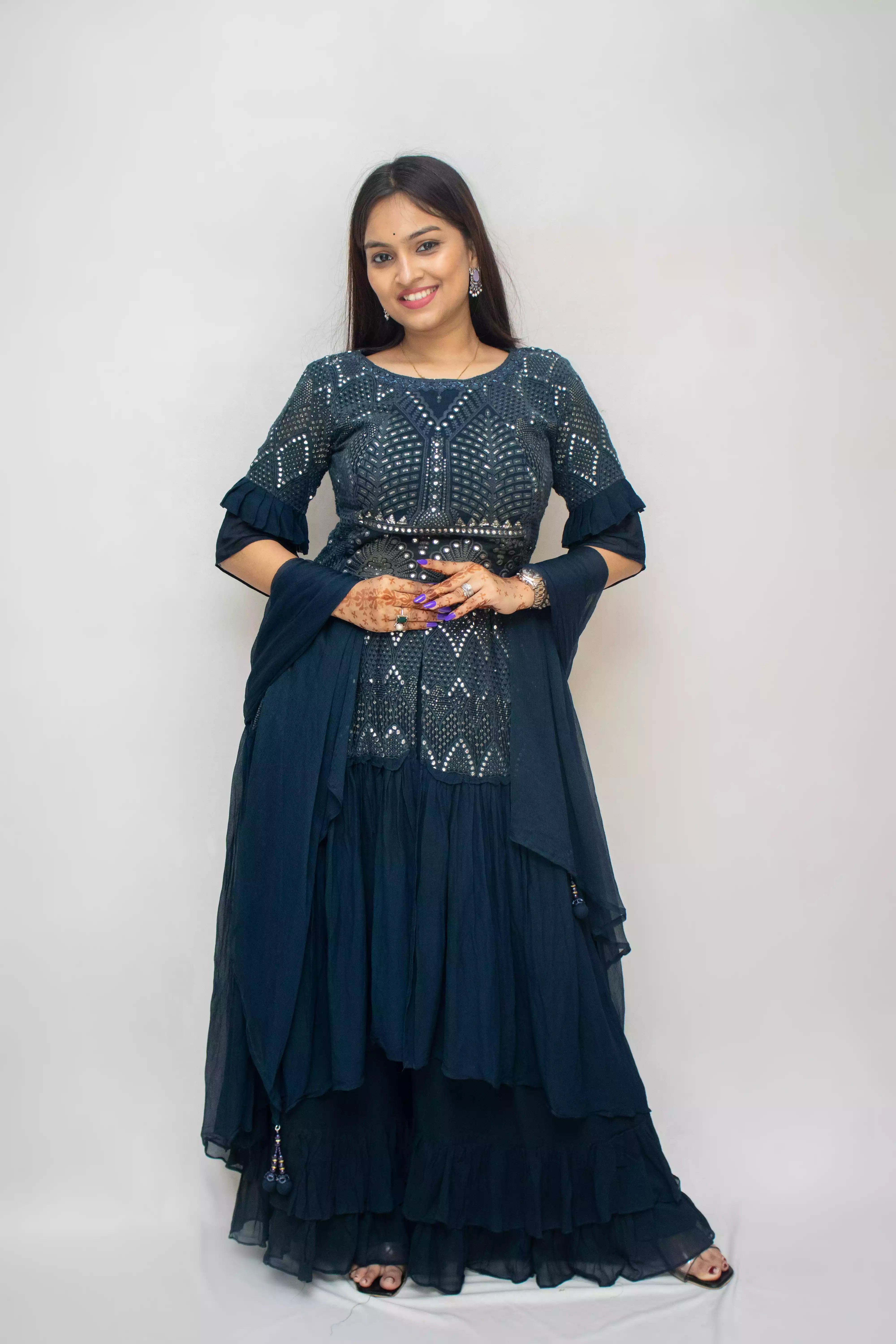Navy Blue Georgette Gharara Set with Mirror & Thread Work