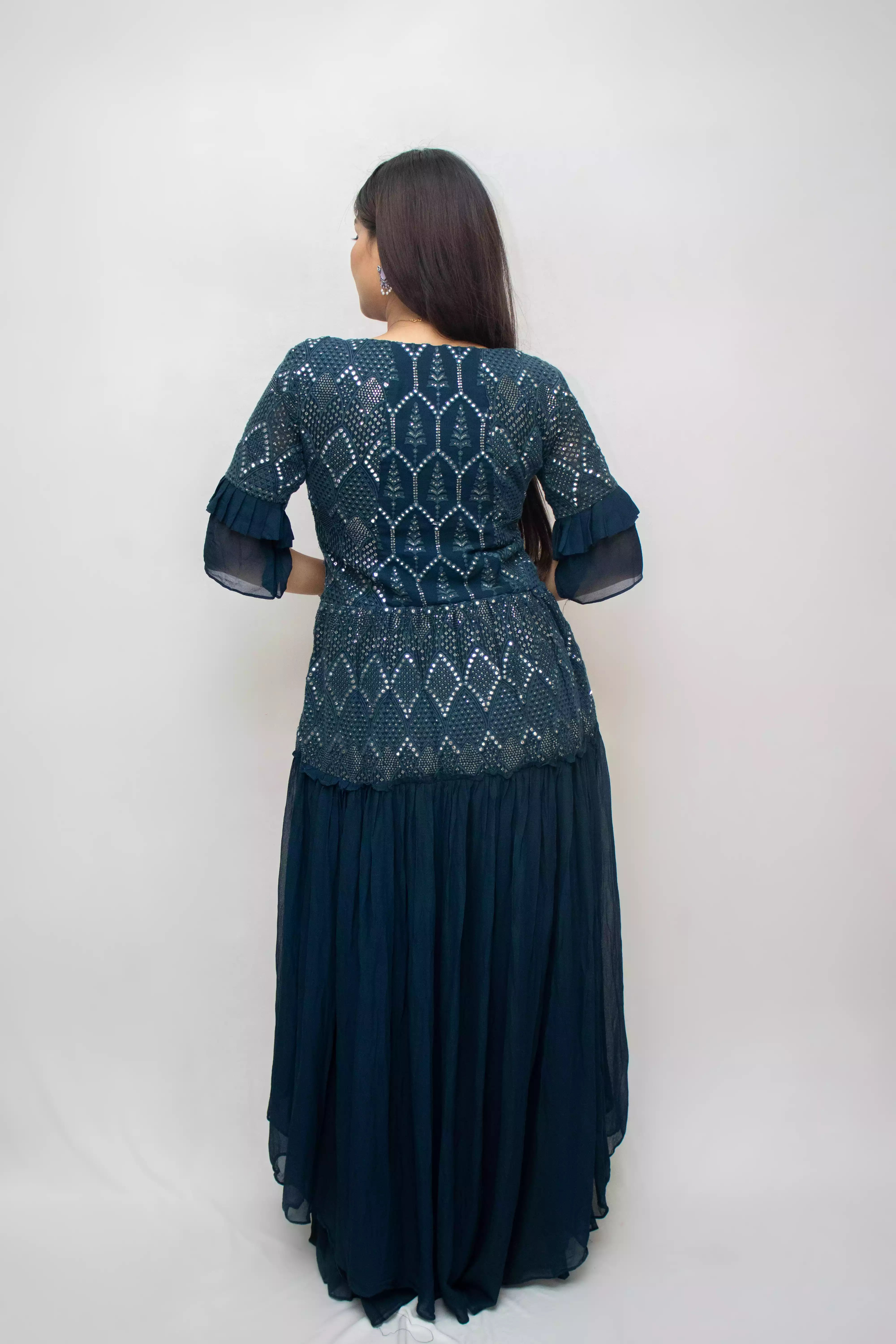 Navy Blue Georgette Gharara Set with Mirror & Thread Work