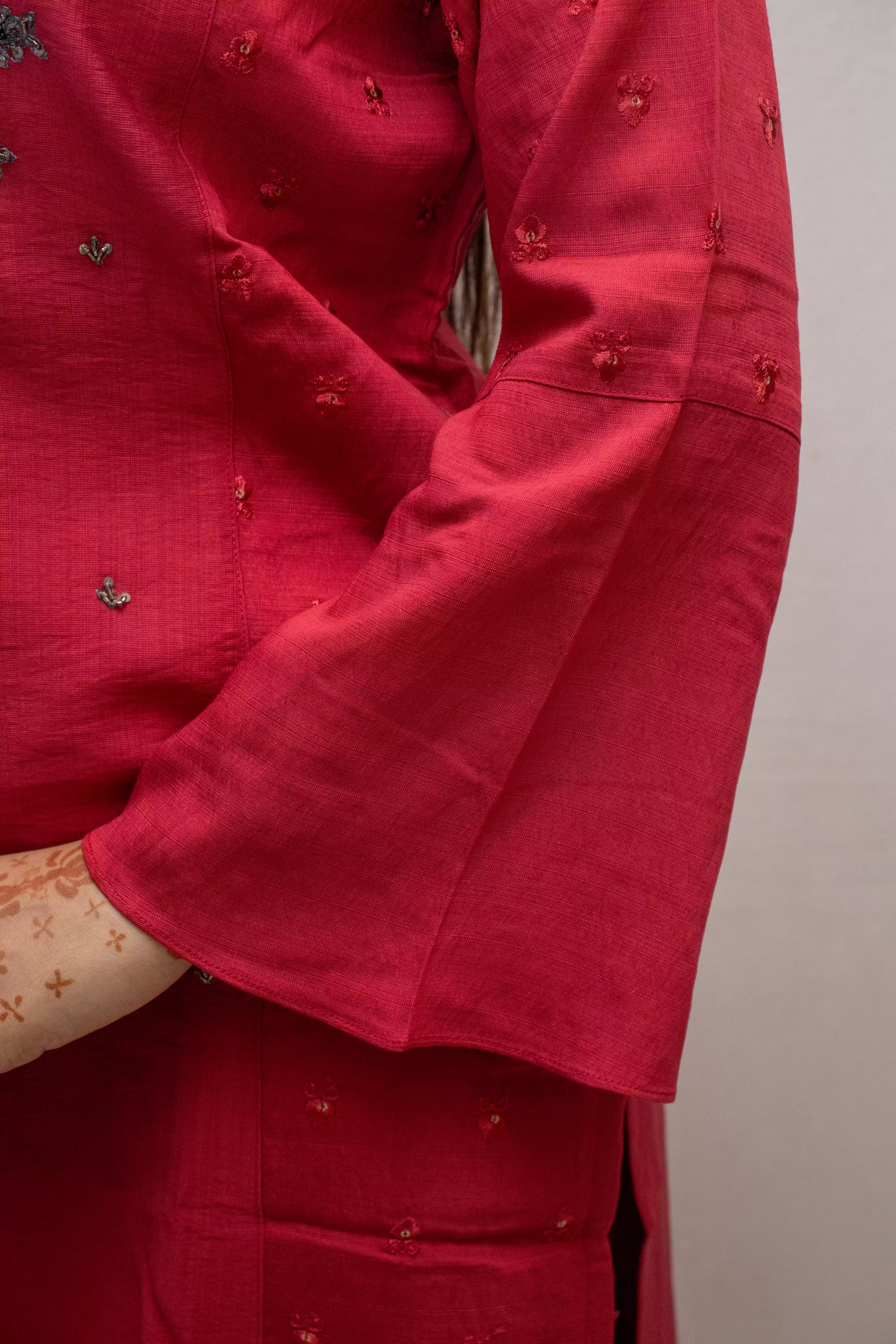 Red Silk Embroidered Kurti with Pant