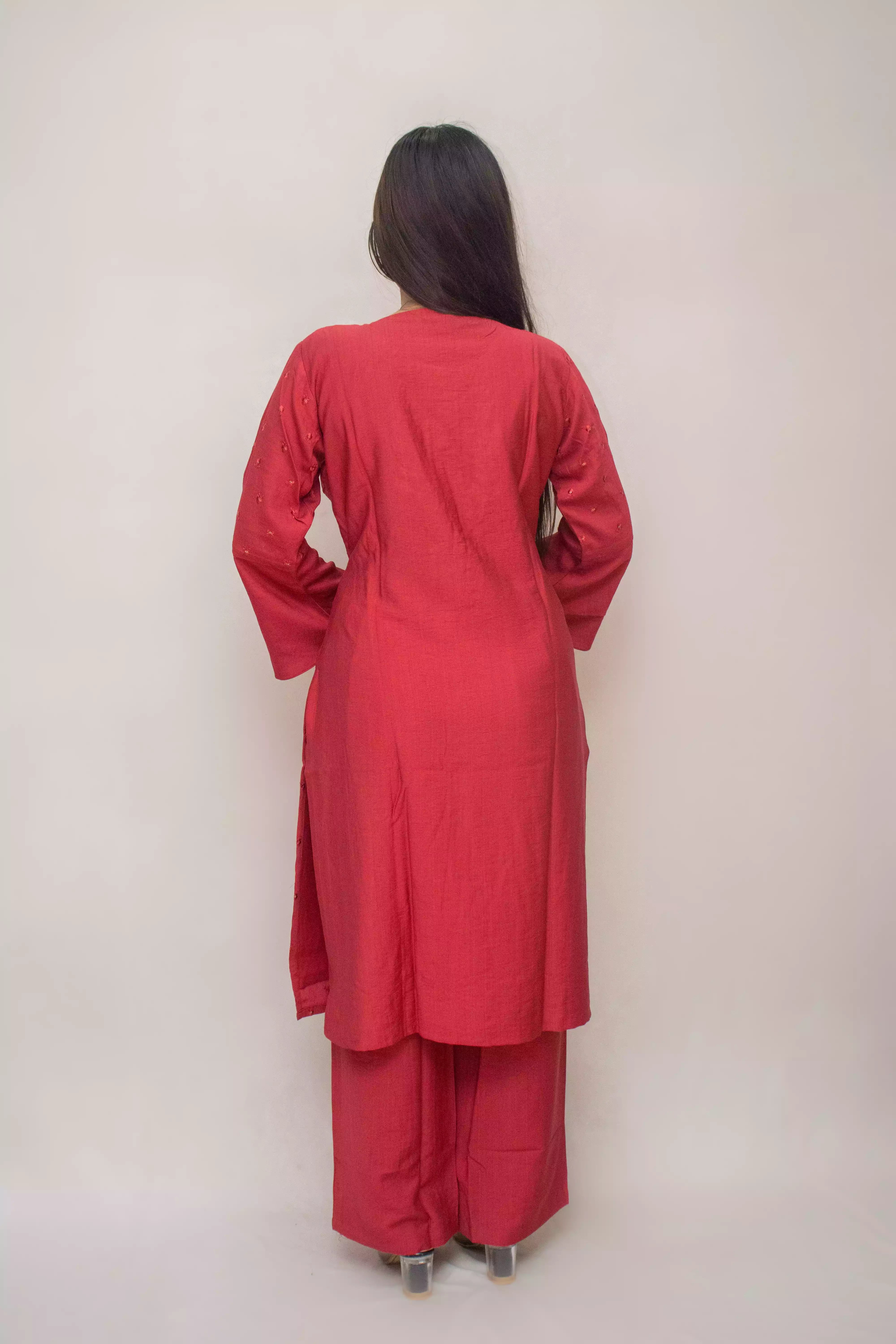 Red Silk Embroidered Kurti with Pant