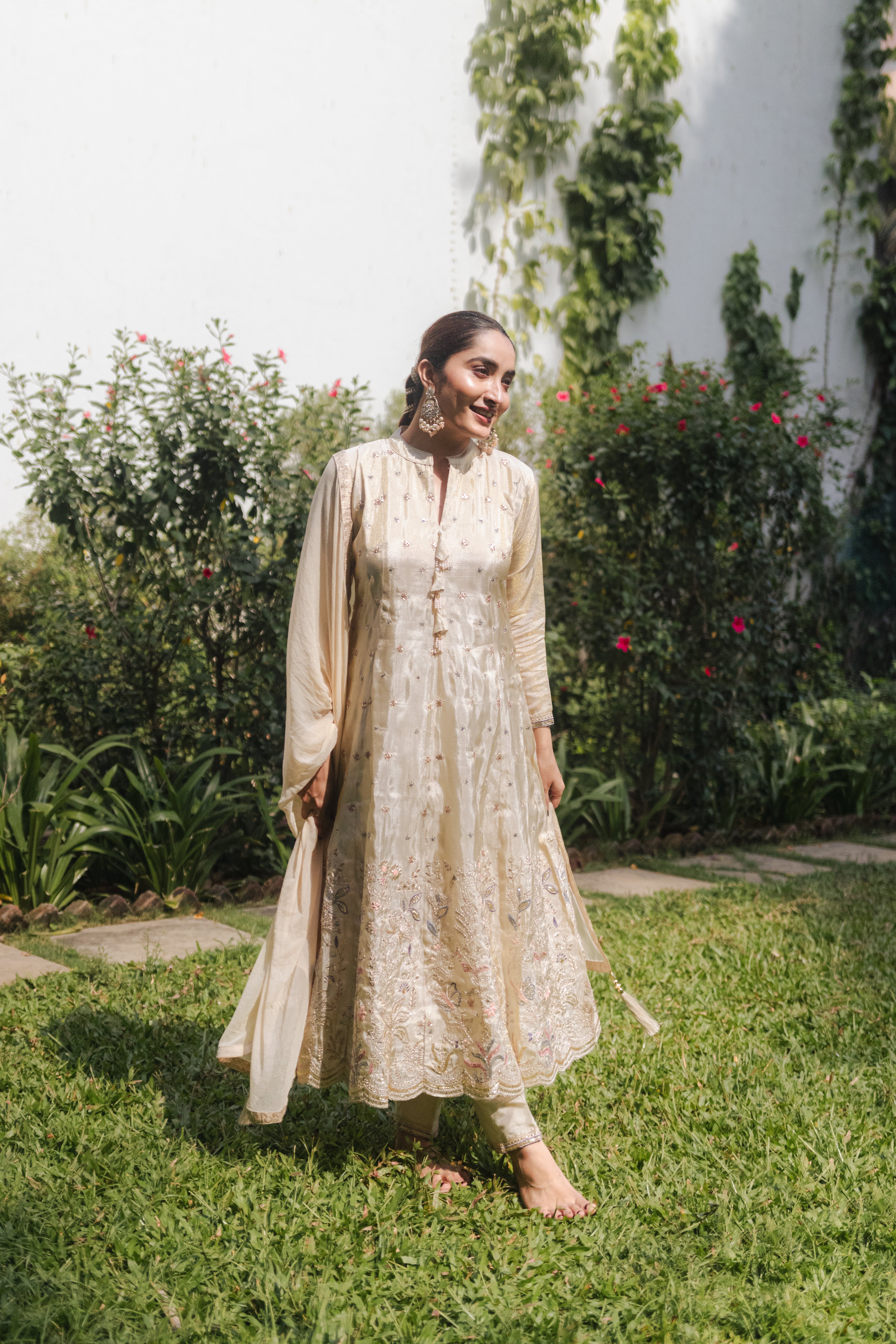 Cream Embroidered Anarkali Suit Set