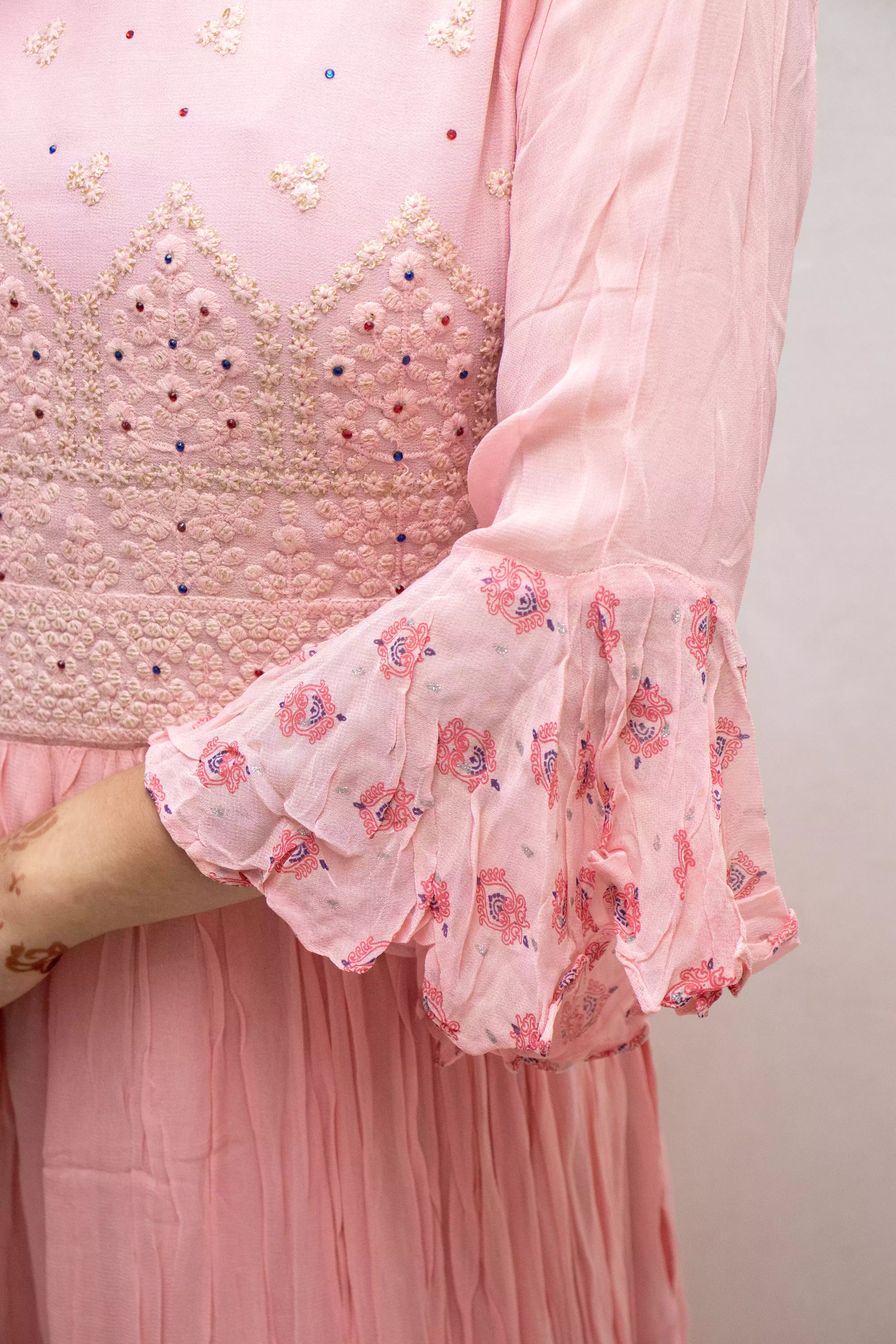 Blush Elegance: Baby Pink Georgette Gown with Lucknowi Work