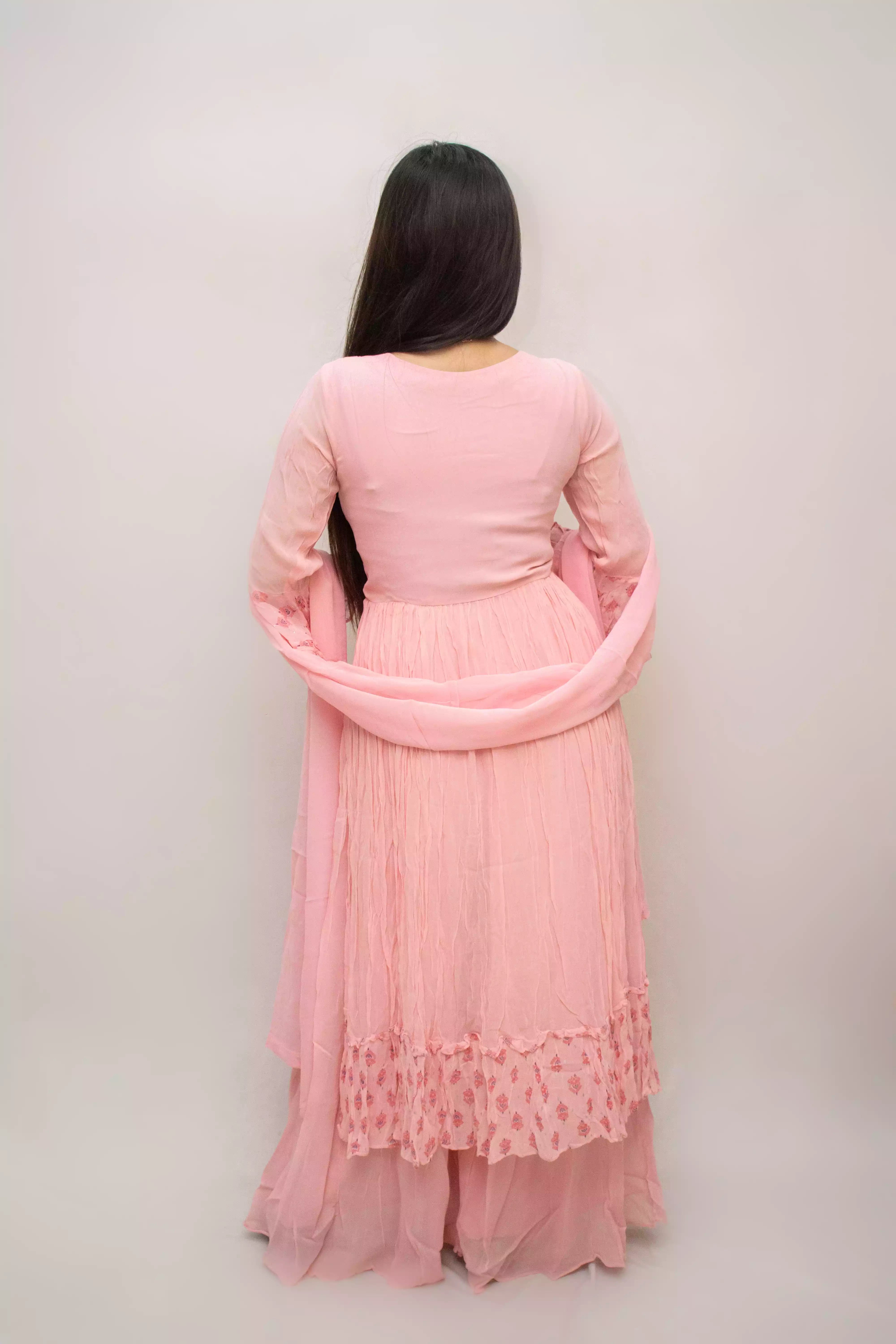 Blush Elegance: Baby Pink Georgette Gown with Lucknowi Work