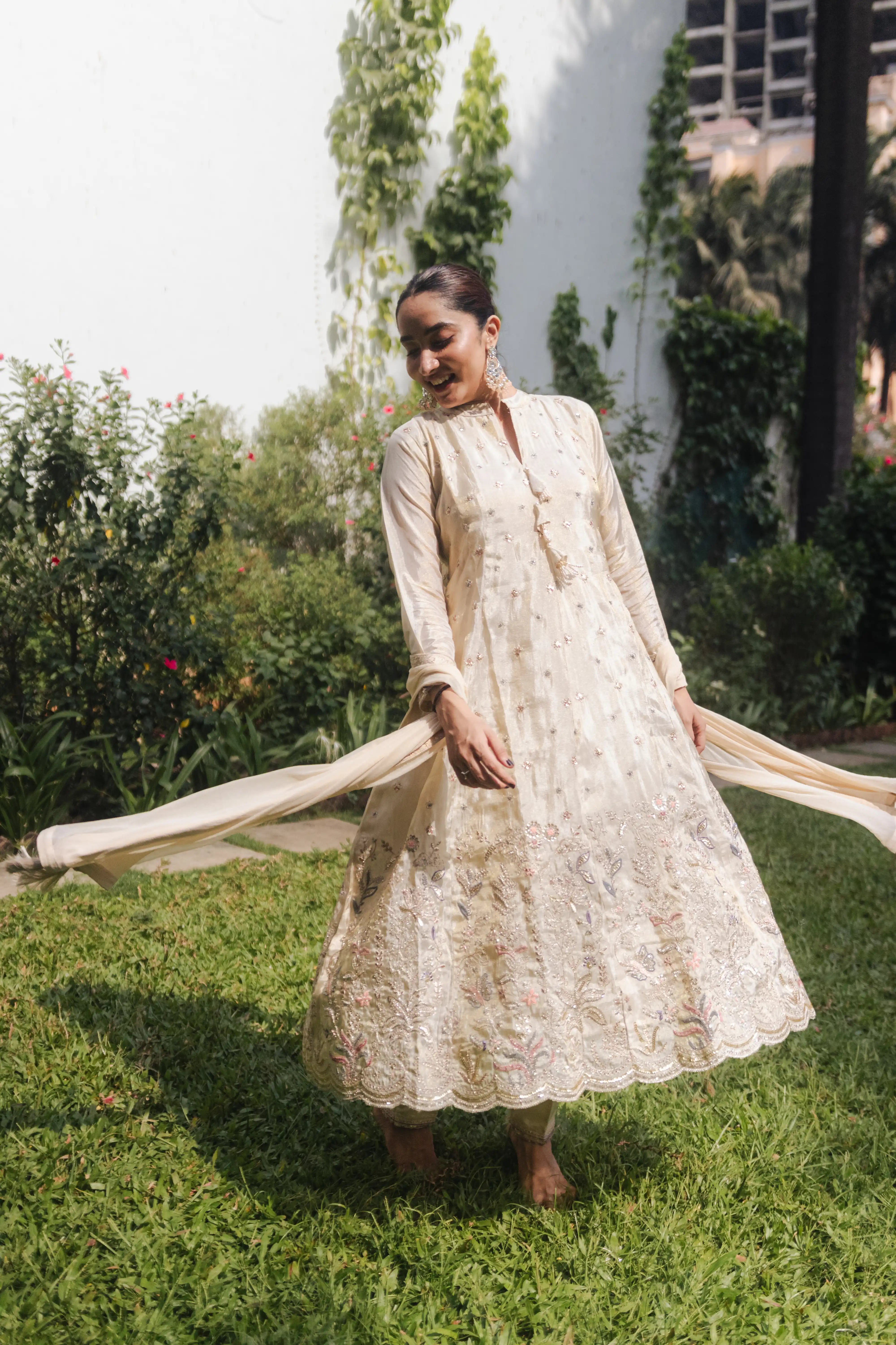 Cream Embroidered Anarkali Suit Set