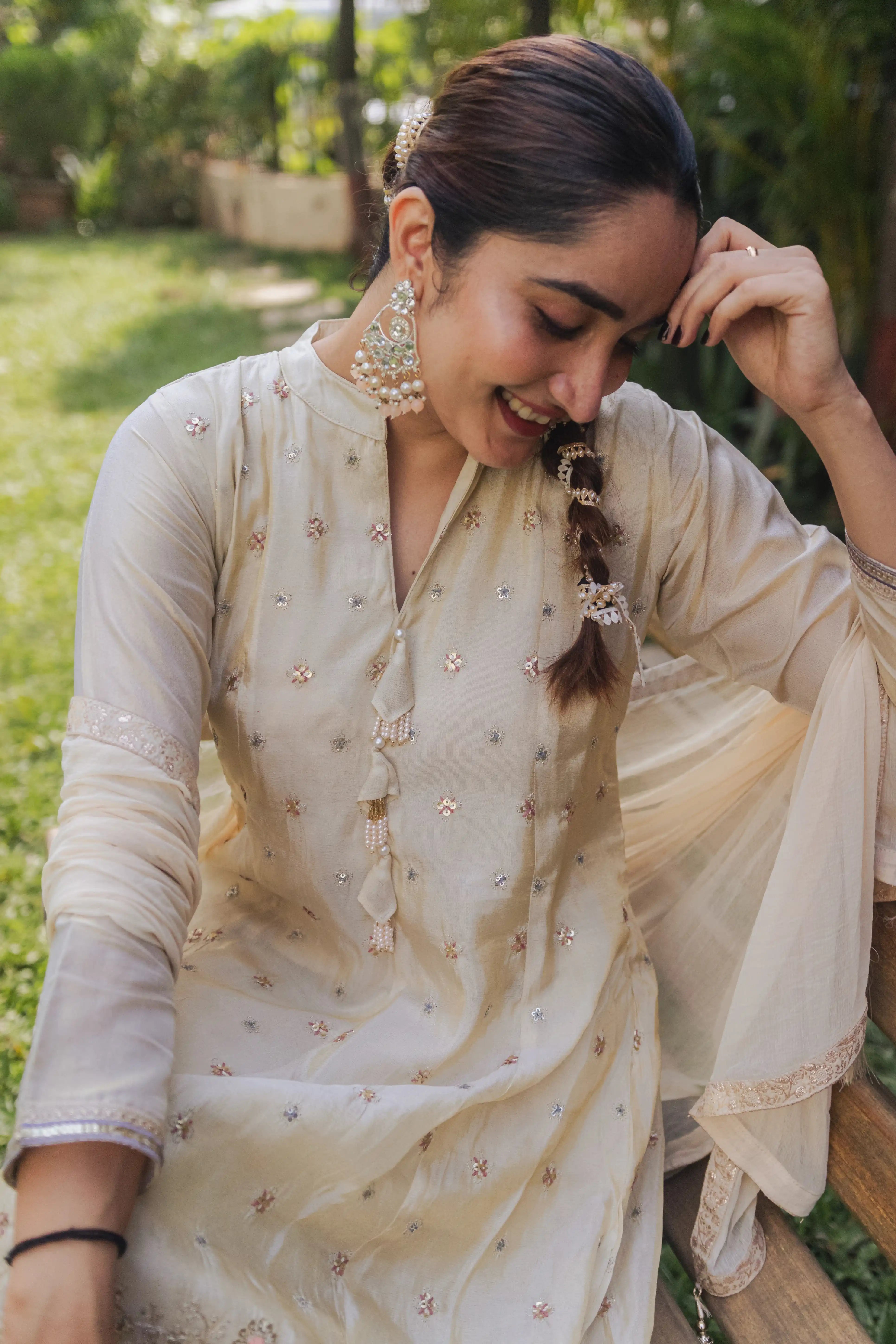 Cream Embroidered Anarkali Suit Set